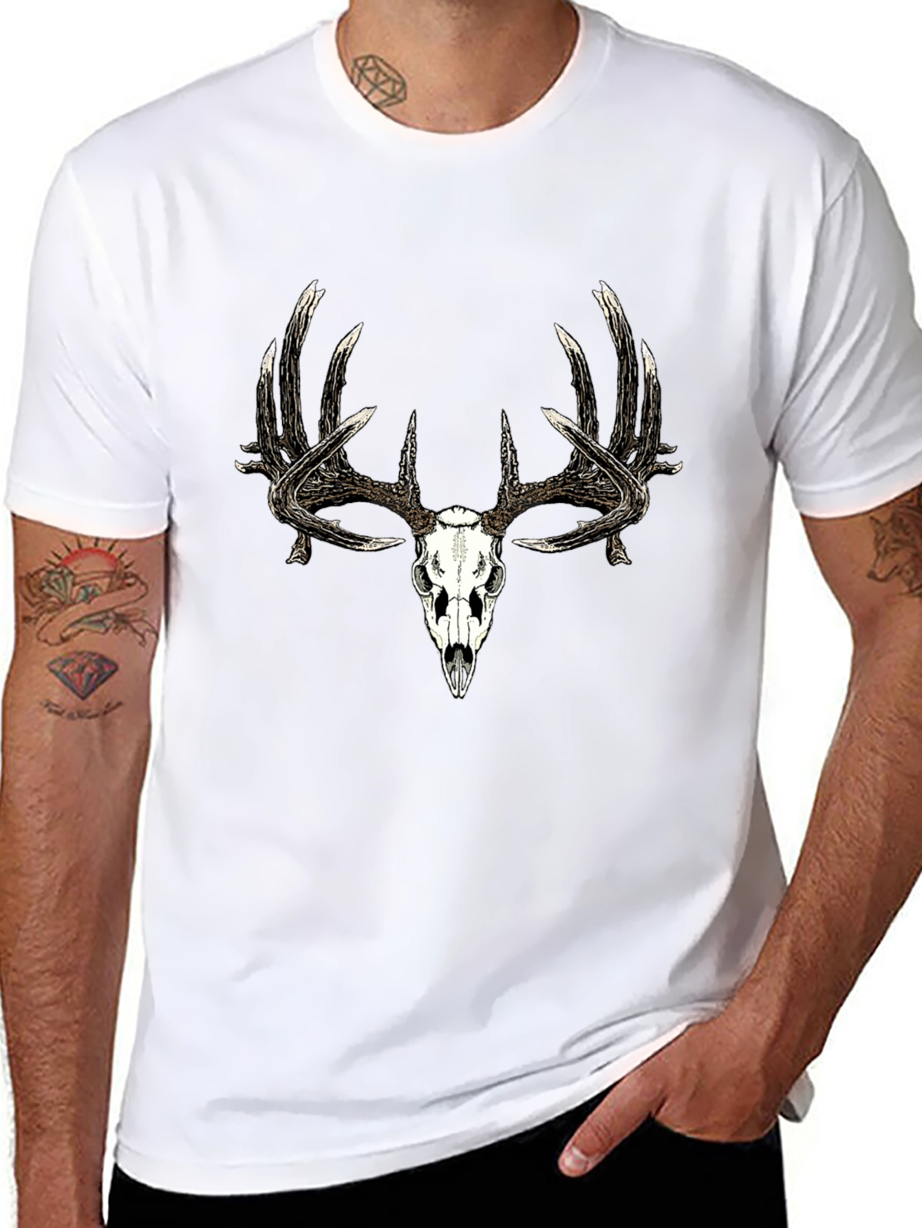 Mens Black Deer Skull Graphic T-Shirt