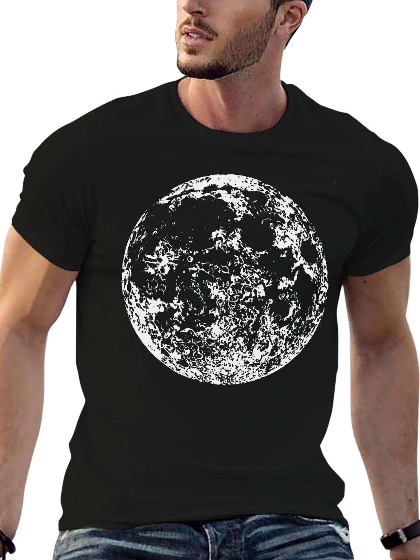 Lunar Graphic Tee -  Black Cotton Moon Print Shirt