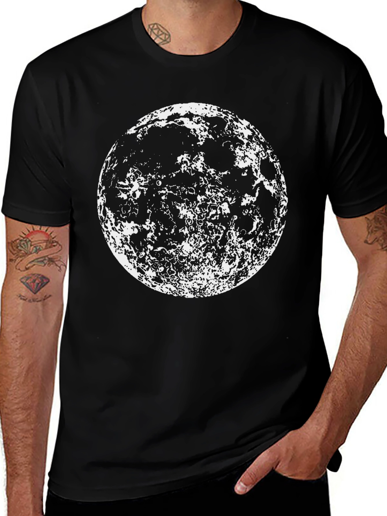 Lunar Graphic Tee -  Black Cotton Moon Print Shirt