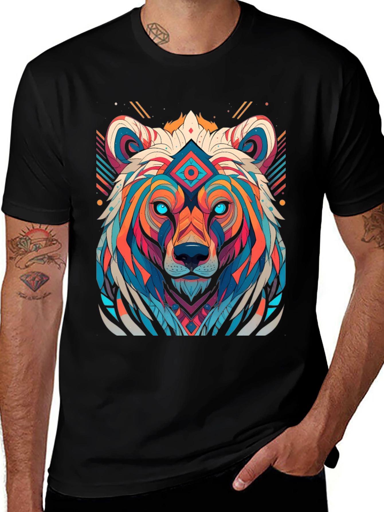 Geometric Bear Graphic Tee - Black
