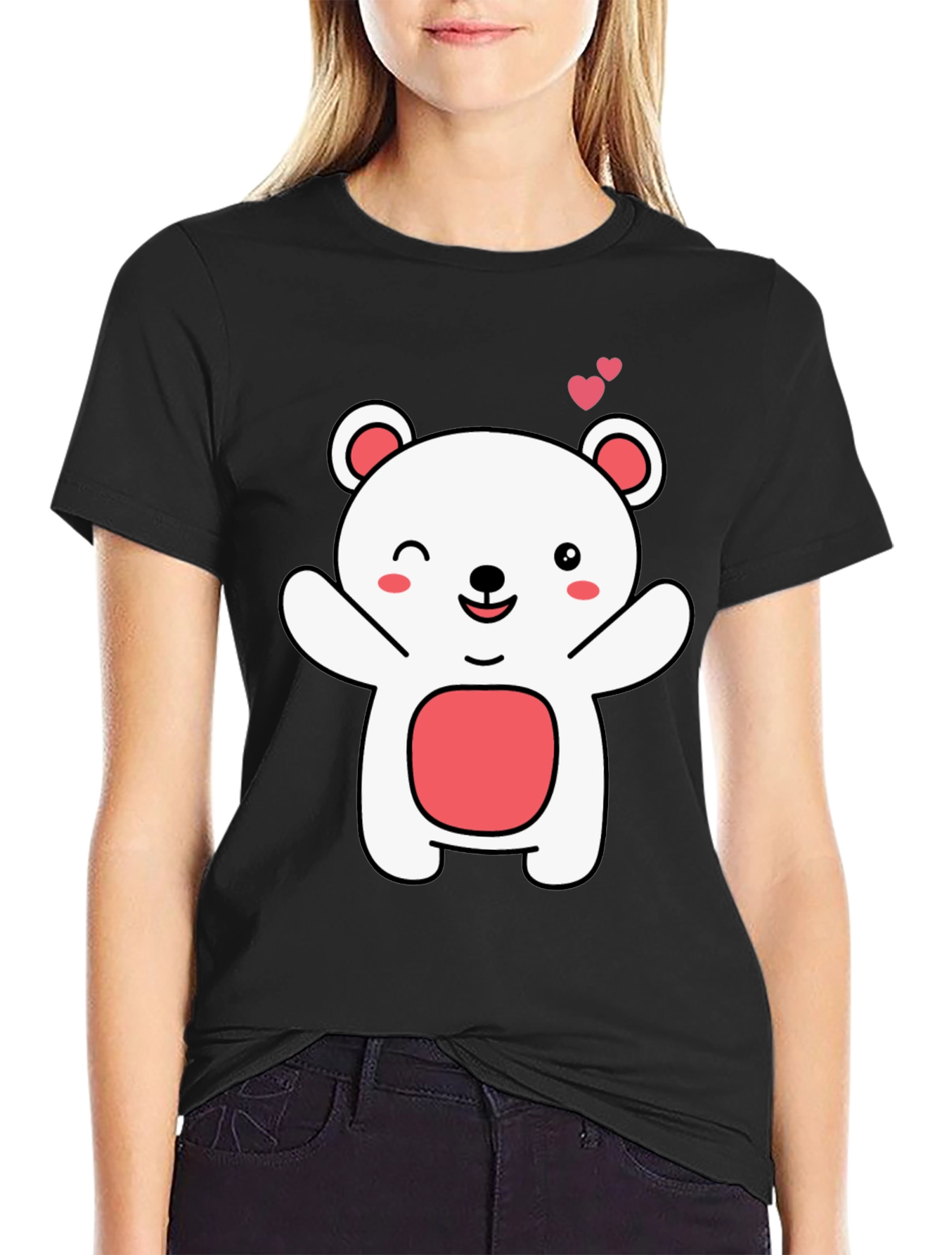 Cute Bear Graphic Tee - Black Cotton Comfort