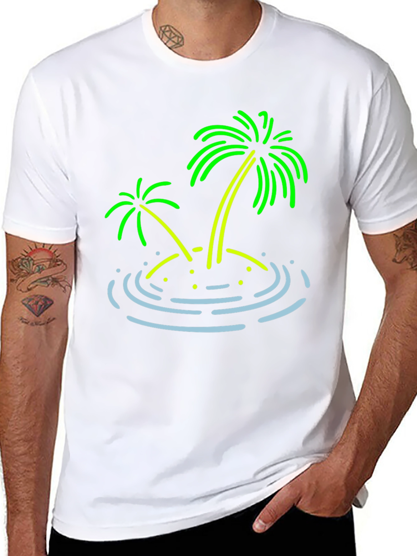 Island Palm Tree Graphic Tee - Black Cotton T-Shirt