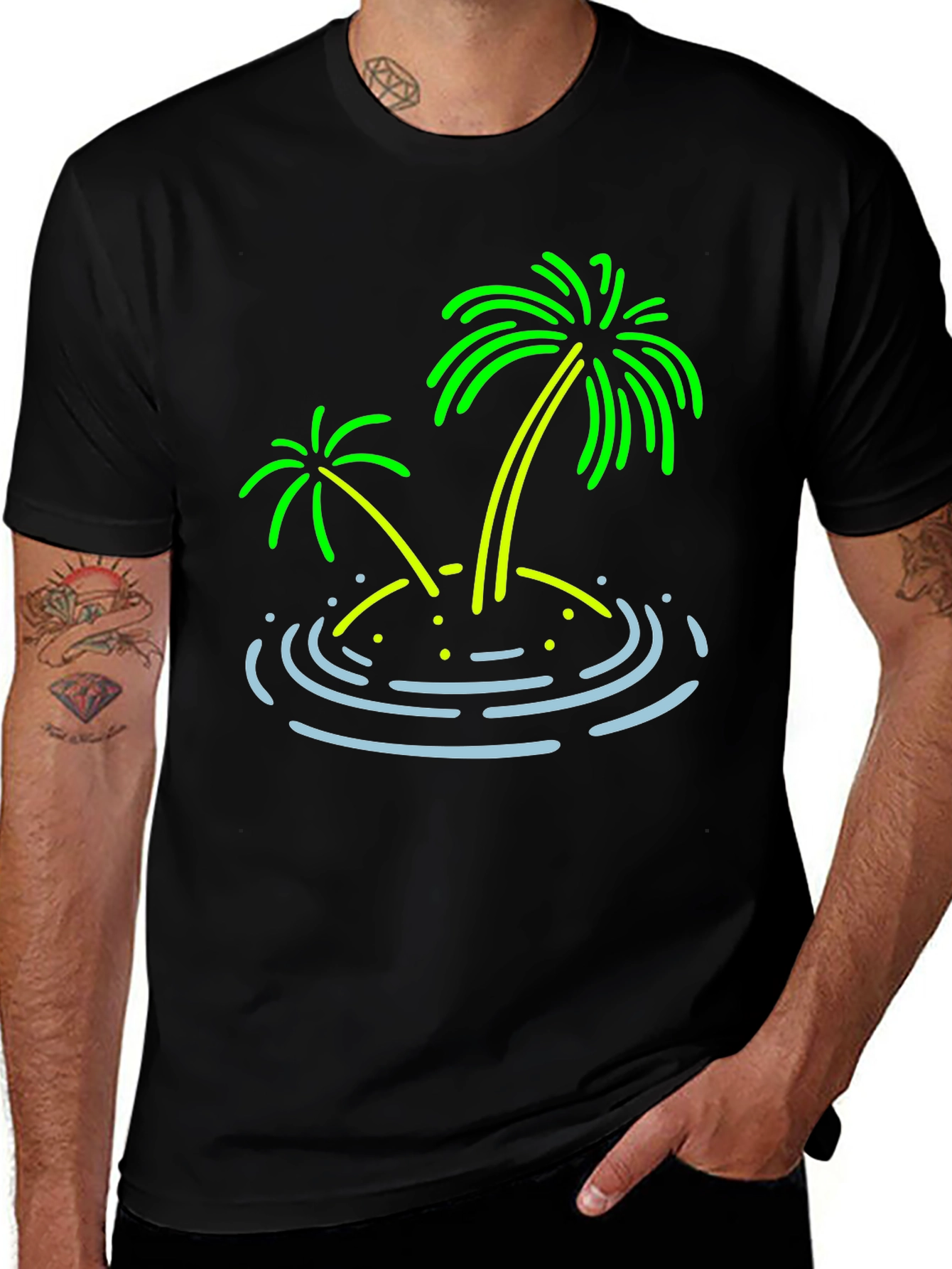 Island Palm Tree Graphic Tee - Black Cotton T-Shirt