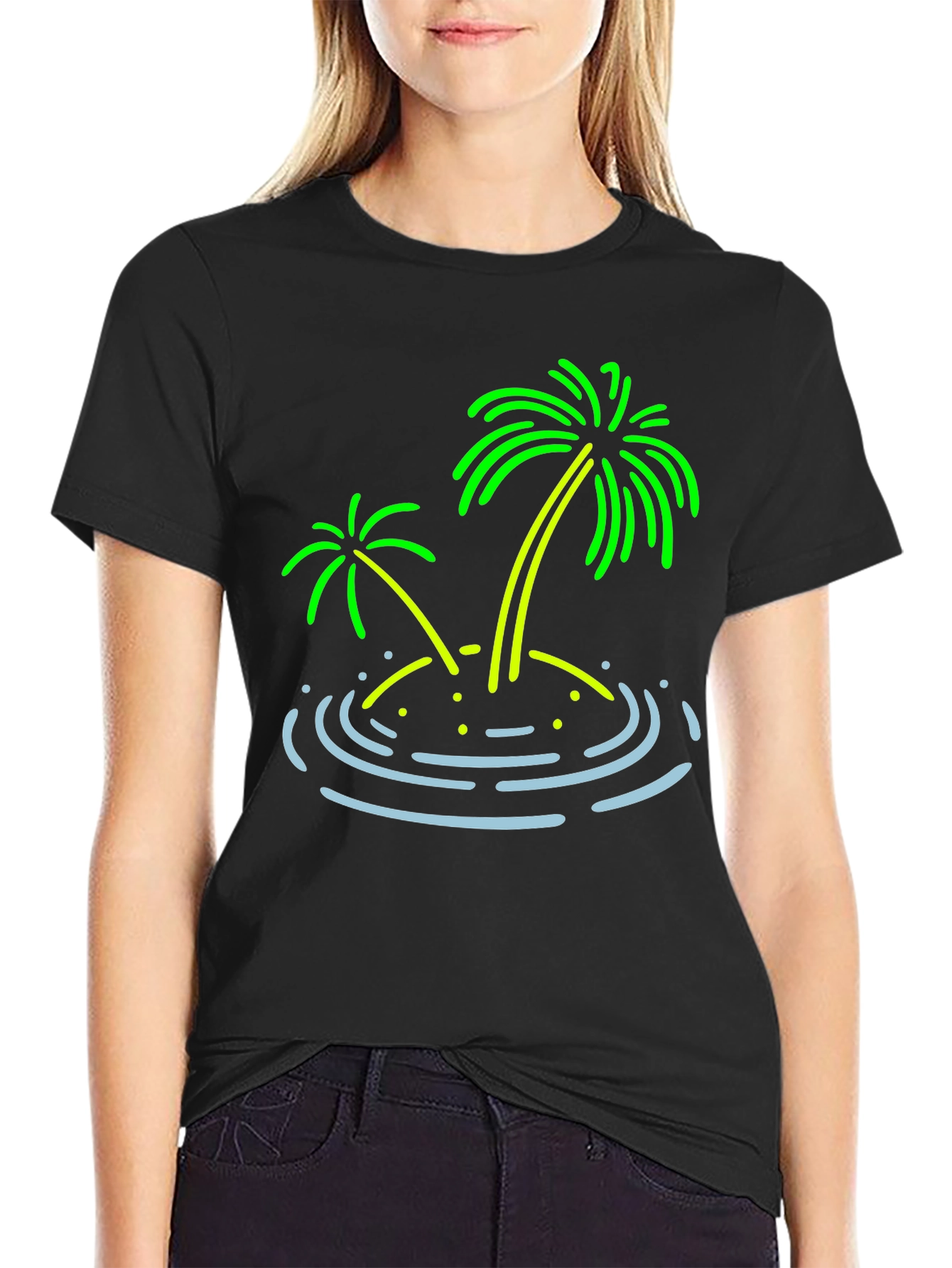 Island Palm Tree Graphic Tee - Black Cotton T-Shirt