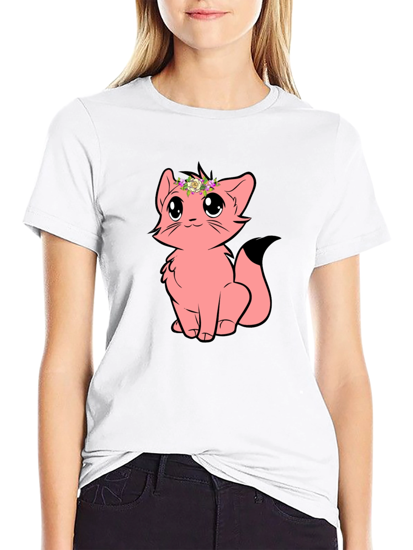 Cute Cartoon Cat Graphic Tee - Black Unisex T-Shirt