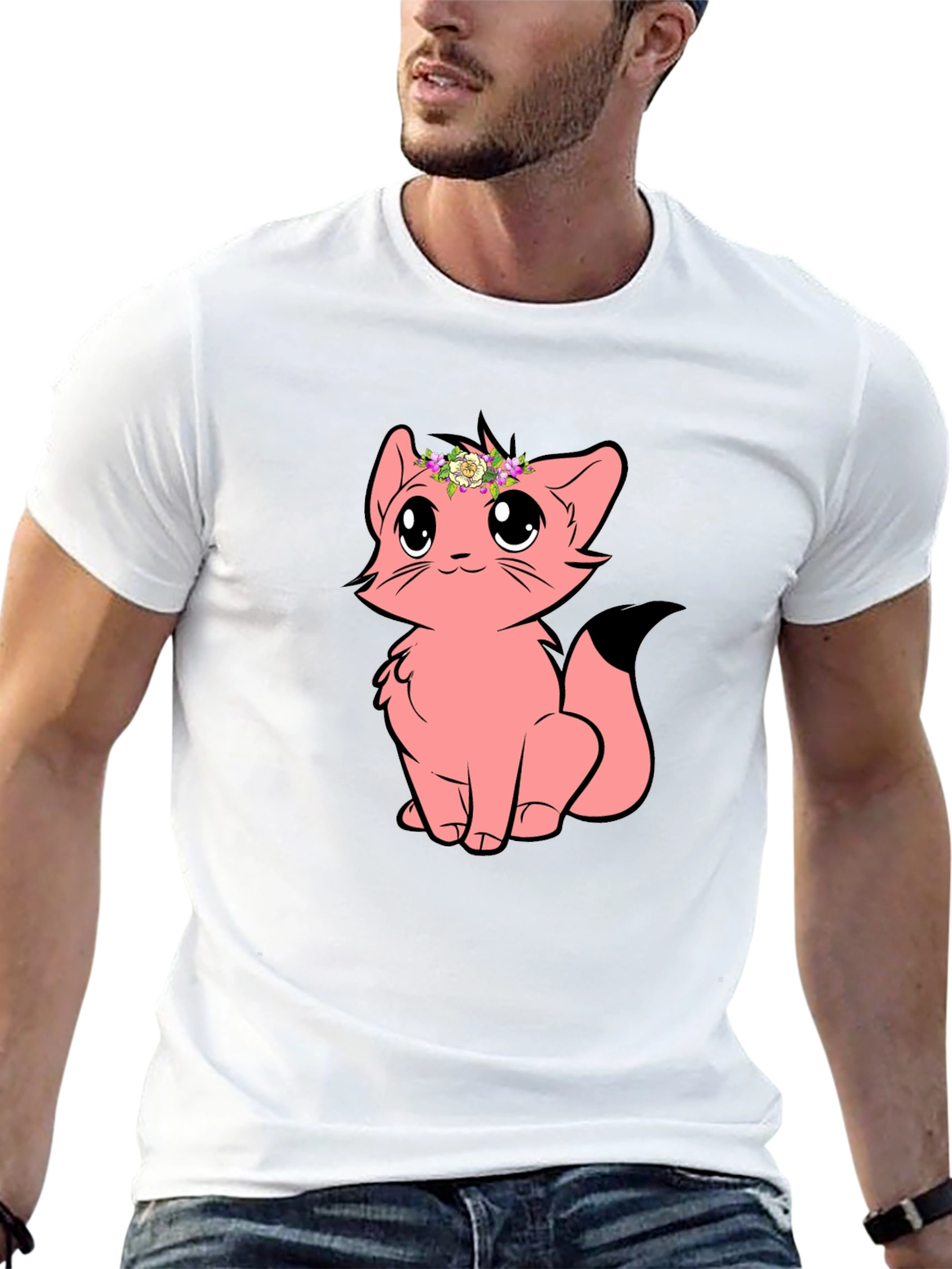 Cute Cartoon Cat Graphic Tee - Black Unisex T-Shirt