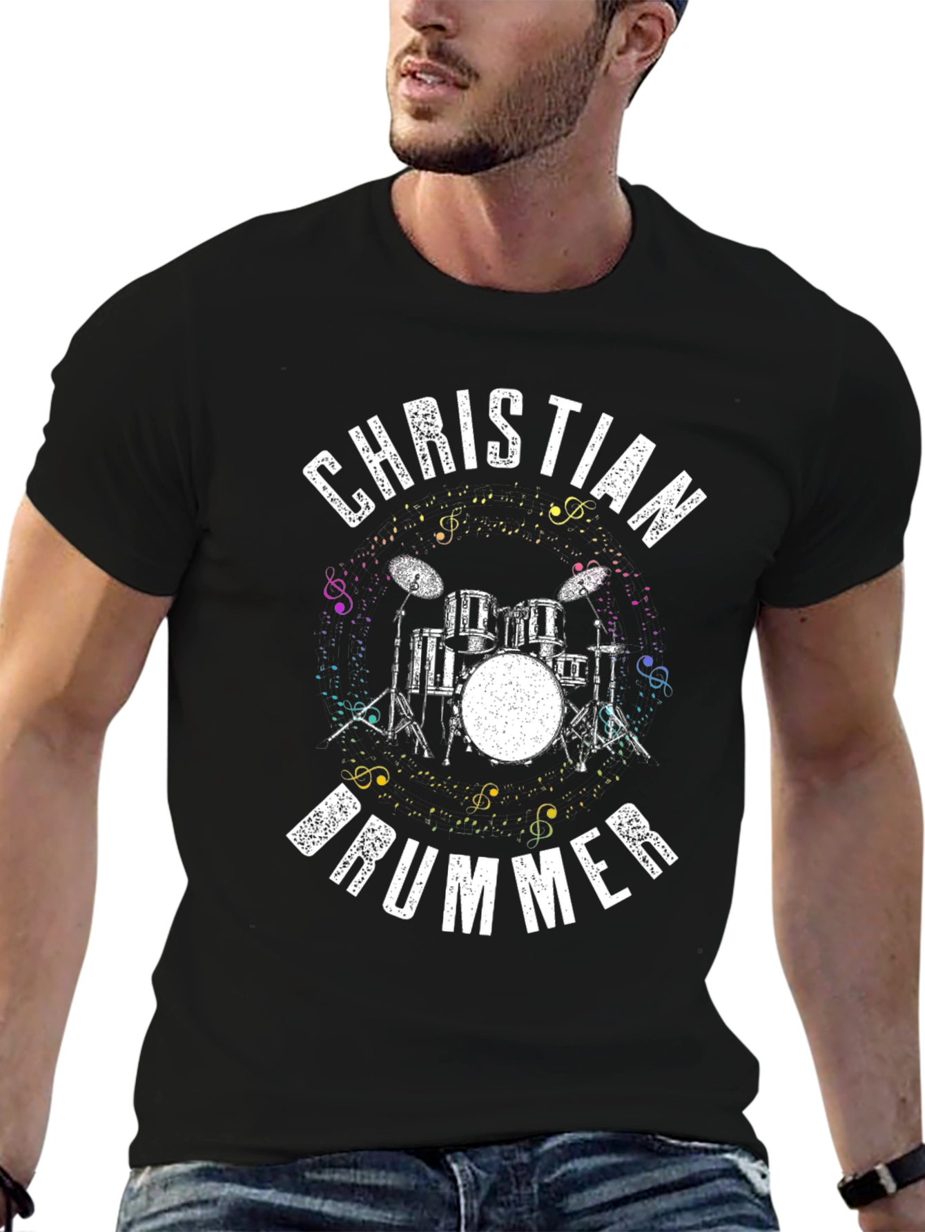 Christian Drummer T-Shirt Musical Notes Design