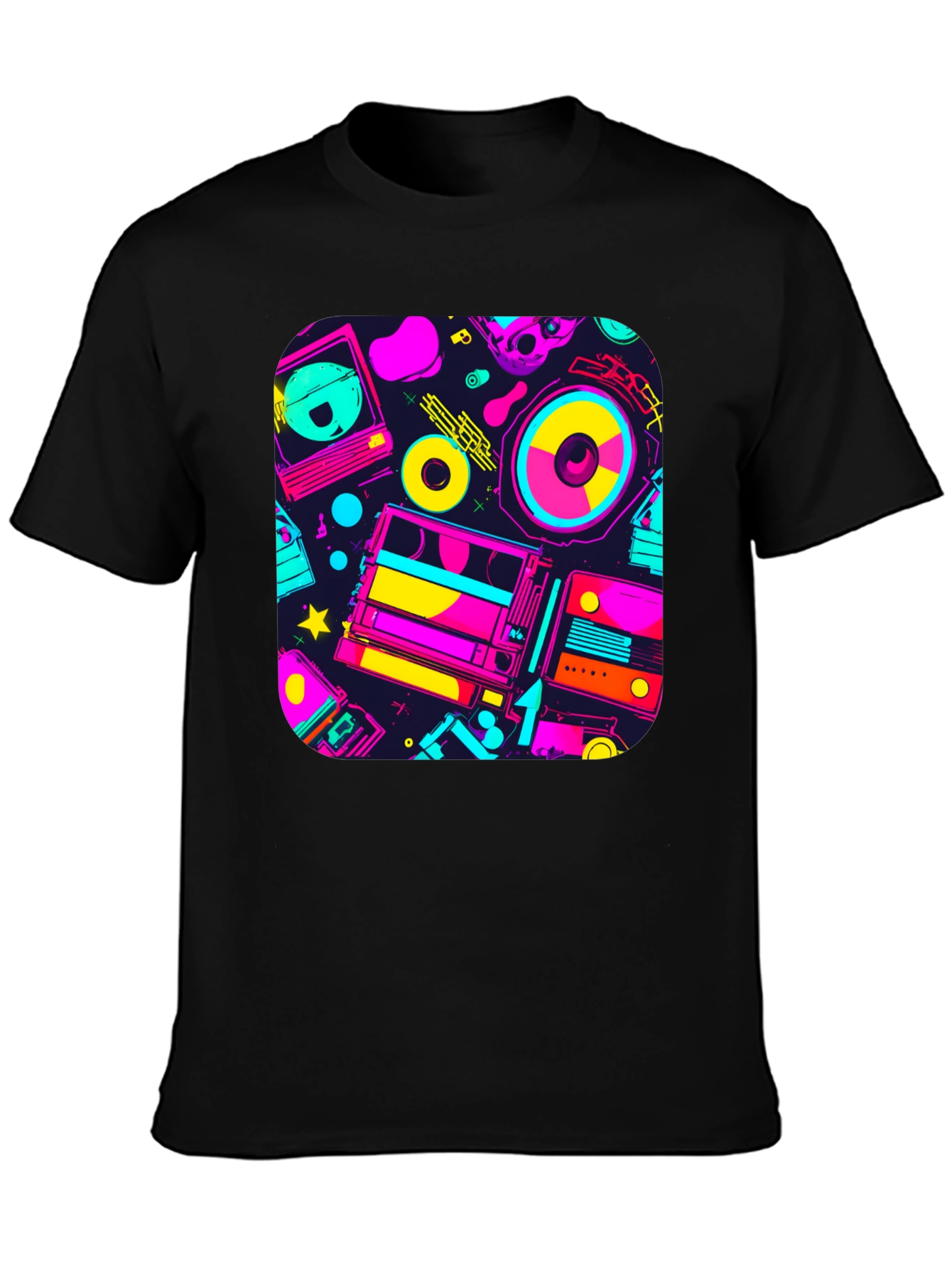 Retro 80s Music Print Black T-Shirt