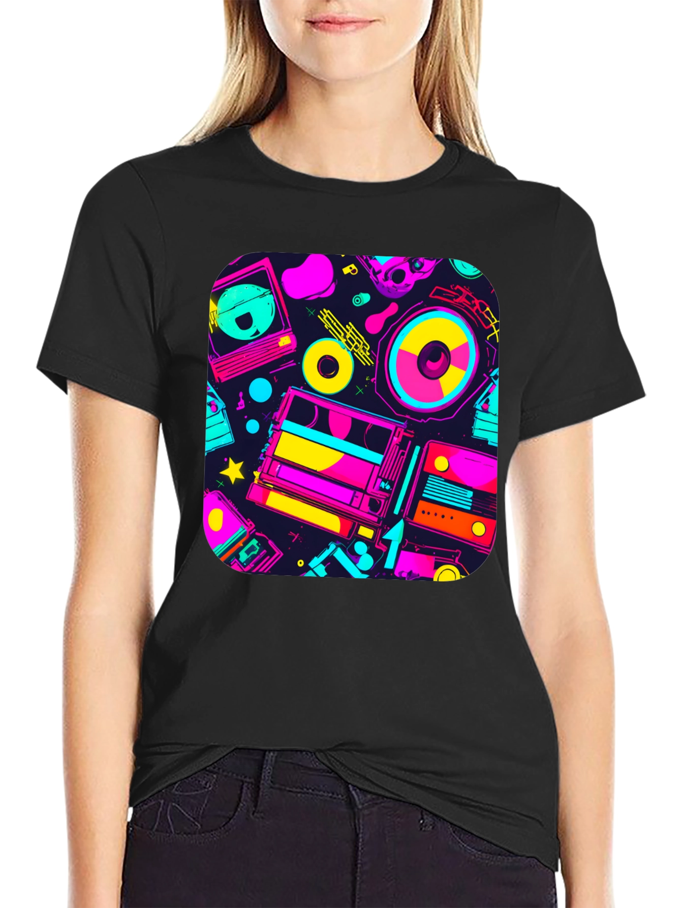 Retro 80s Music Print Black T-Shirt