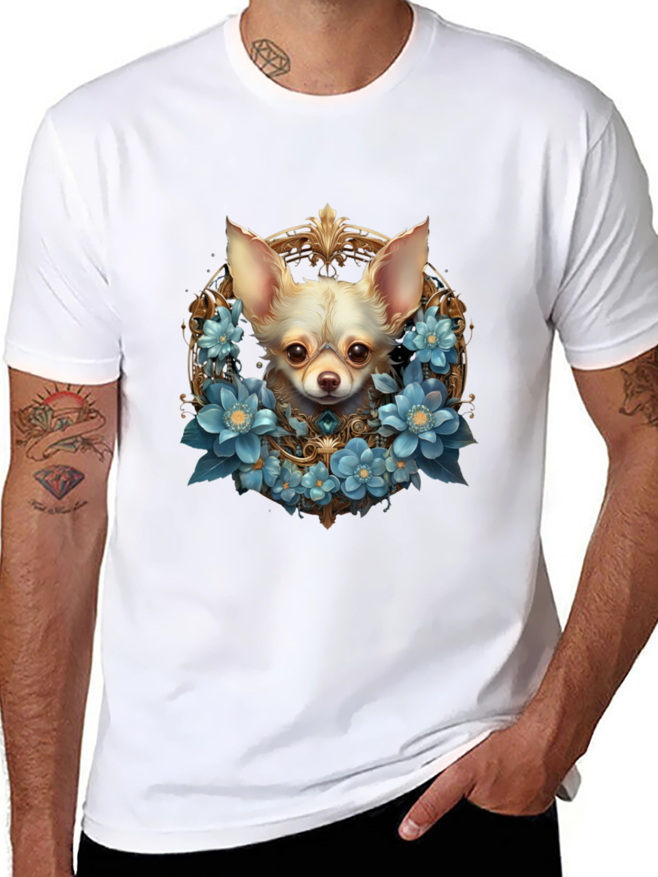 Chihuahua Dog Floral Wreath Graphic T-Shirt