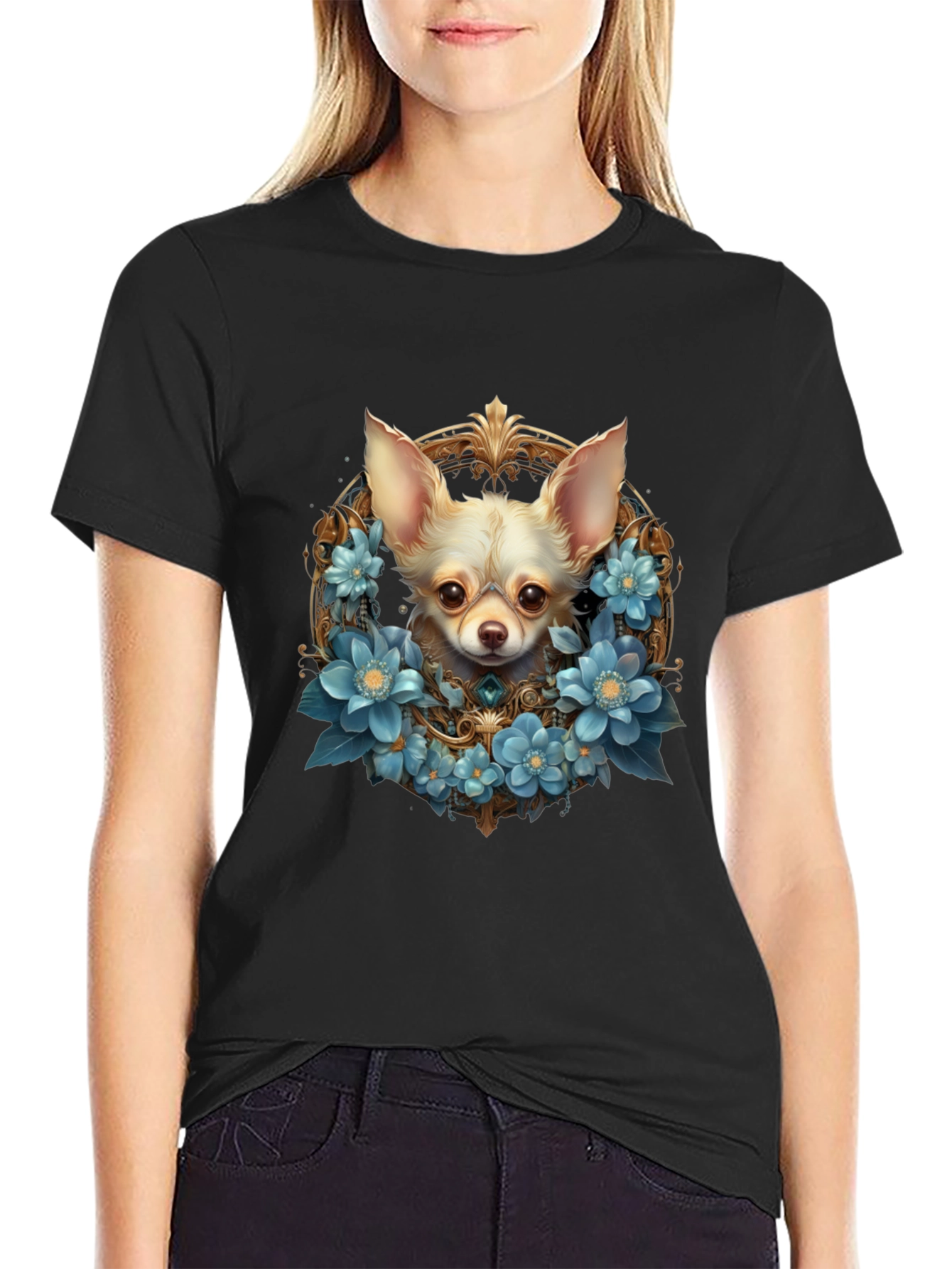 Chihuahua Dog Floral Wreath Graphic T-Shirt