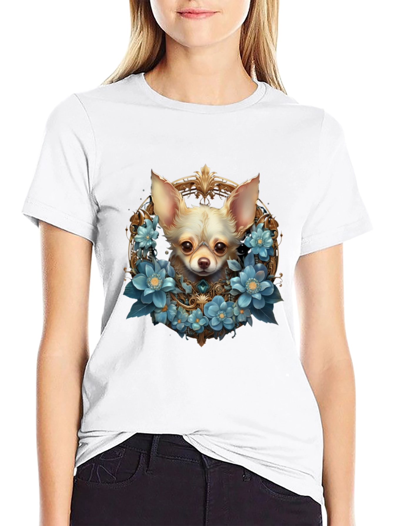 Chihuahua Dog Floral Wreath Graphic T-Shirt