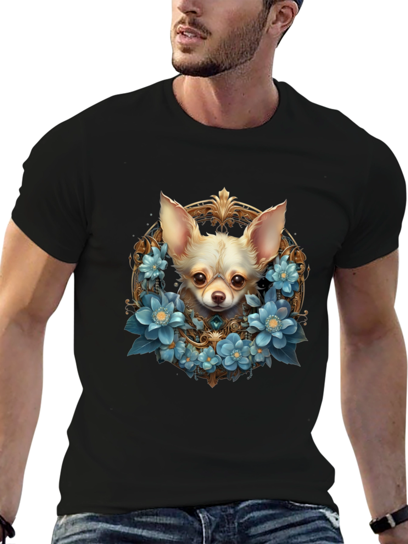 Chihuahua Dog Floral Wreath Graphic T-Shirt