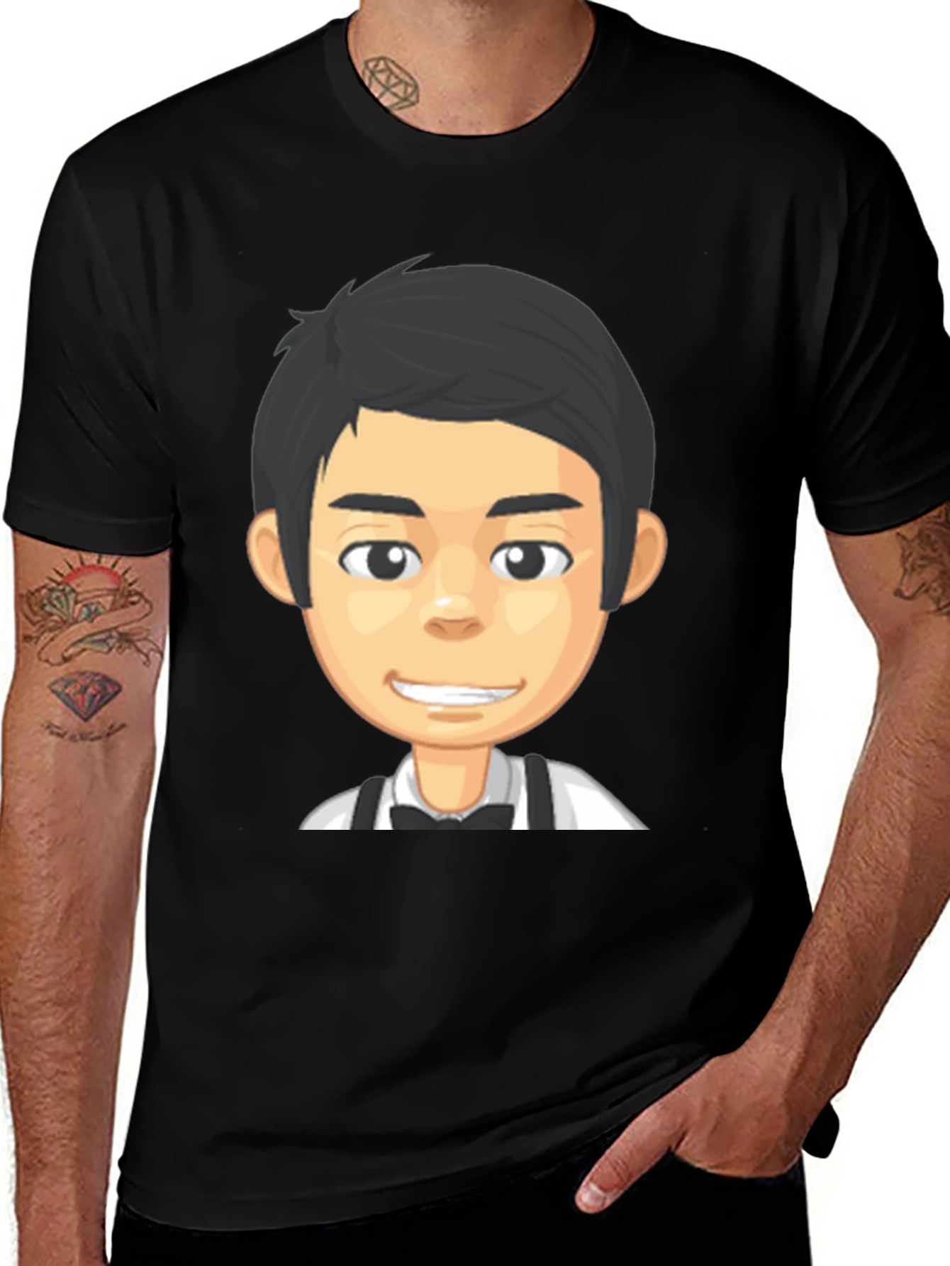 Cartoon Waiter Graphic Tee - Black Crew Neck T-Shirt