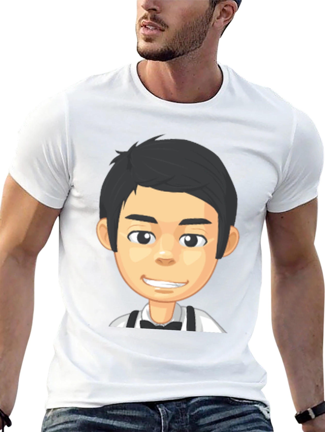 Cartoon Waiter Graphic Tee - Black Crew Neck T-Shirt