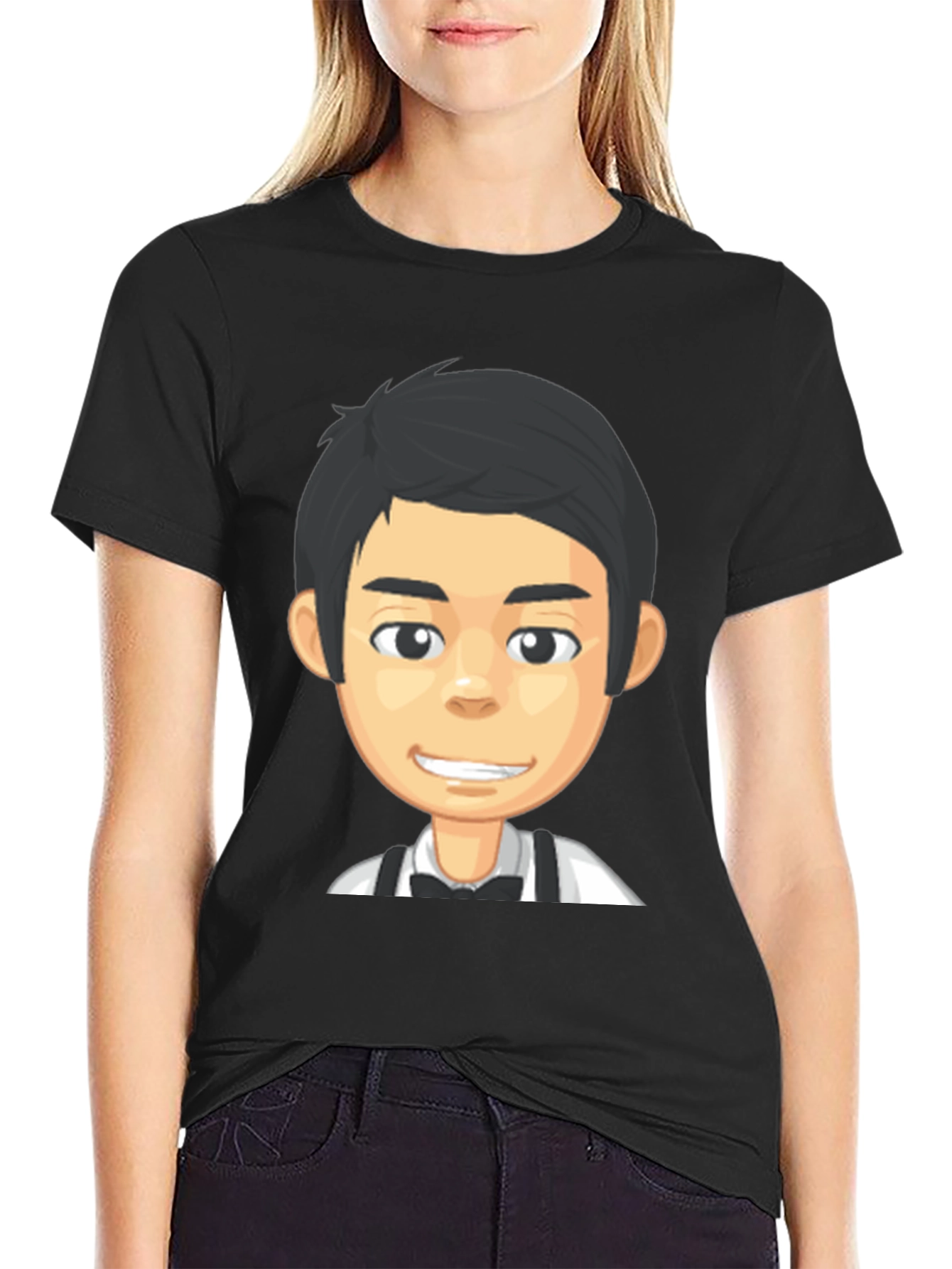 Cartoon Waiter Graphic Tee - Black Crew Neck T-Shirt