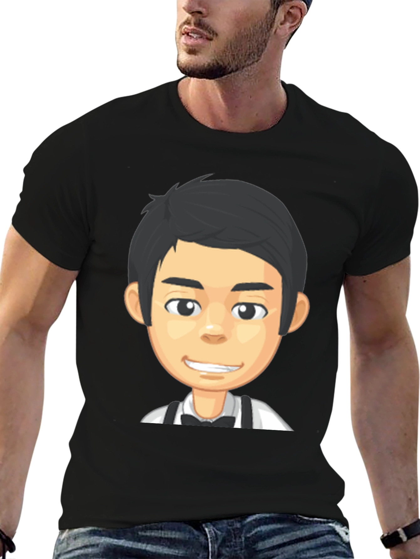 Cartoon Waiter Graphic Tee - Black Crew Neck T-Shirt