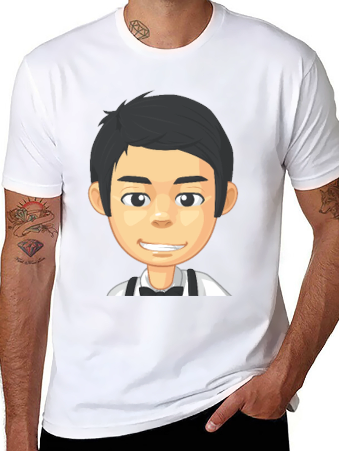 Cartoon Waiter Graphic Tee - Black Crew Neck T-Shirt
