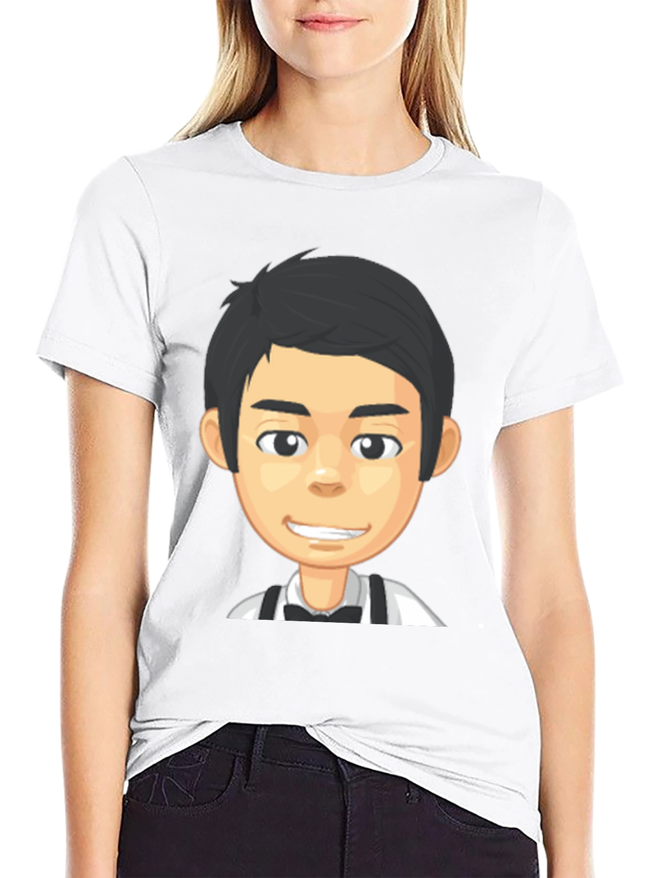 Cartoon Waiter Graphic Tee - Black Crew Neck T-Shirt