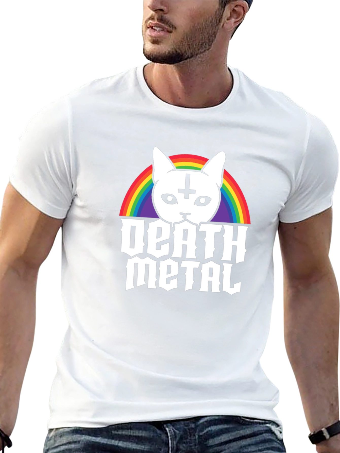 Death Metal Cat T-Shirt - Rainbow Satanic Kitten Tee