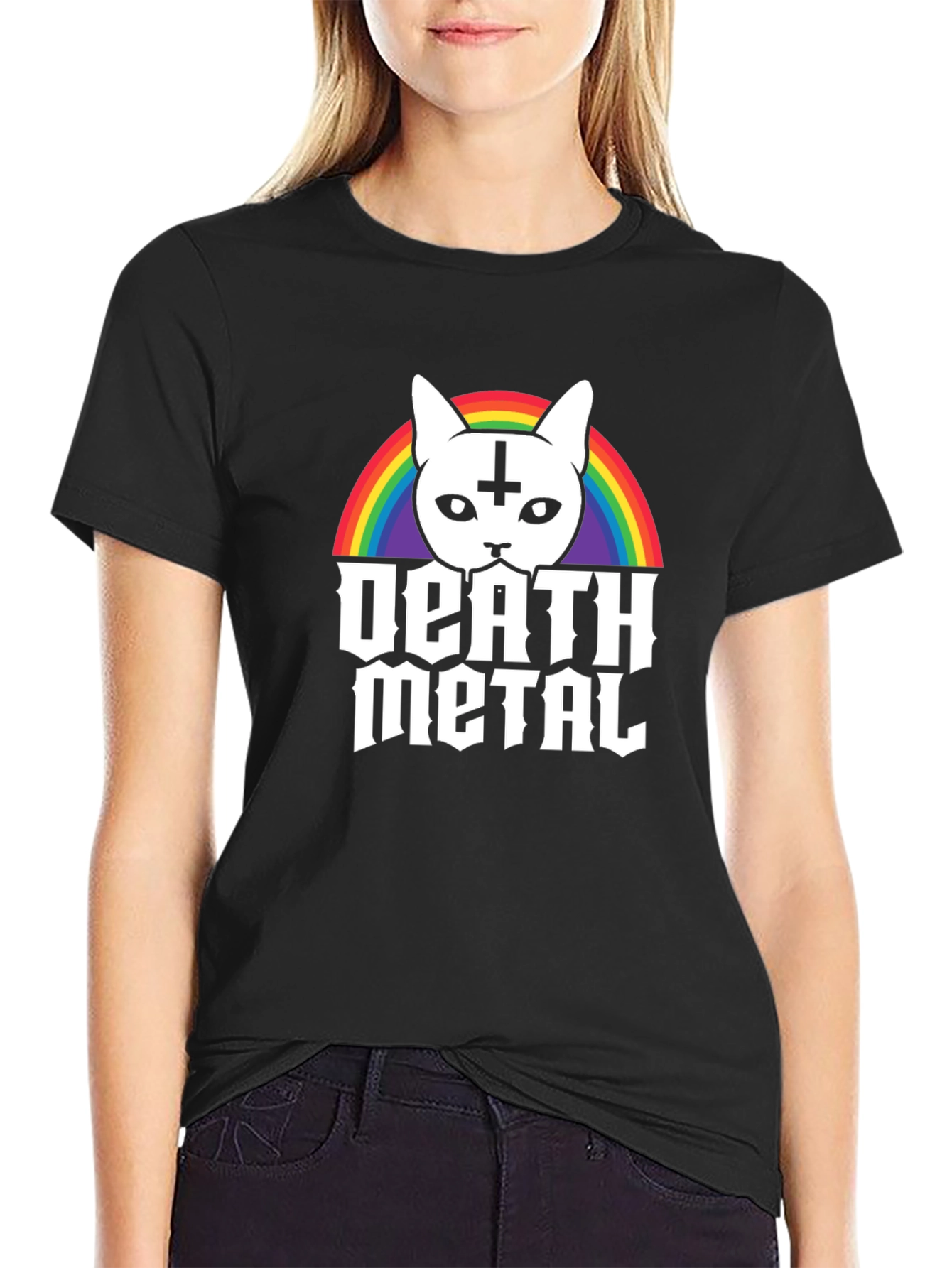 Death Metal Cat T-Shirt - Rainbow Satanic Kitten Tee