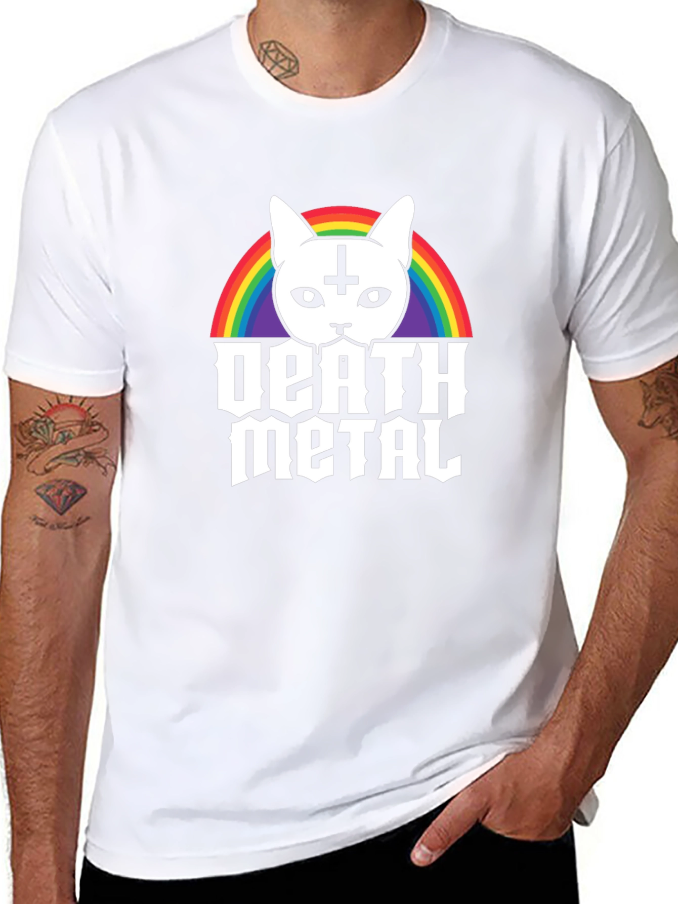 Death Metal Cat T-Shirt - Rainbow Satanic Kitten Tee