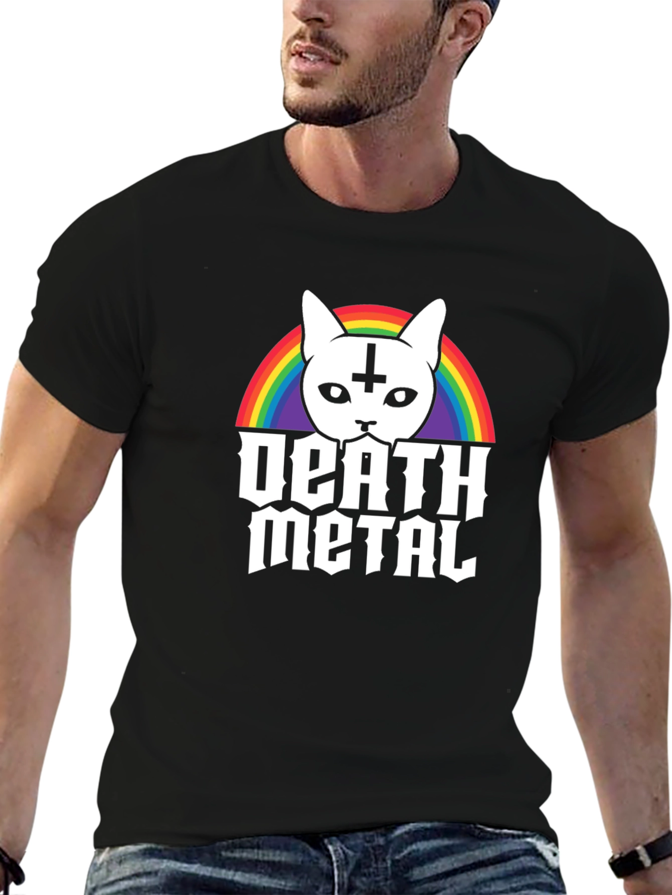 Death Metal Cat T-Shirt - Rainbow Satanic Kitten Tee