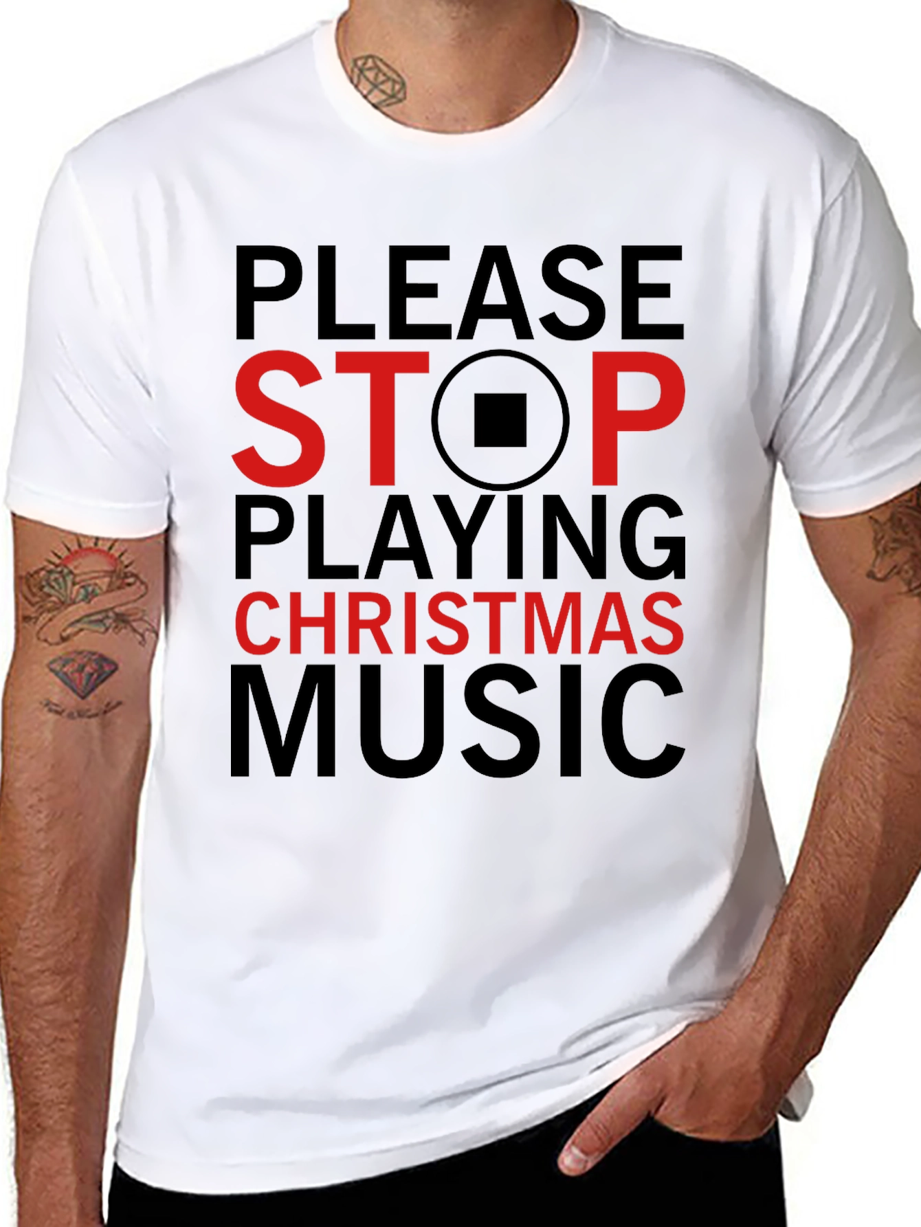 Stop Christmas Music T-Shirt - Black Cotton Blend