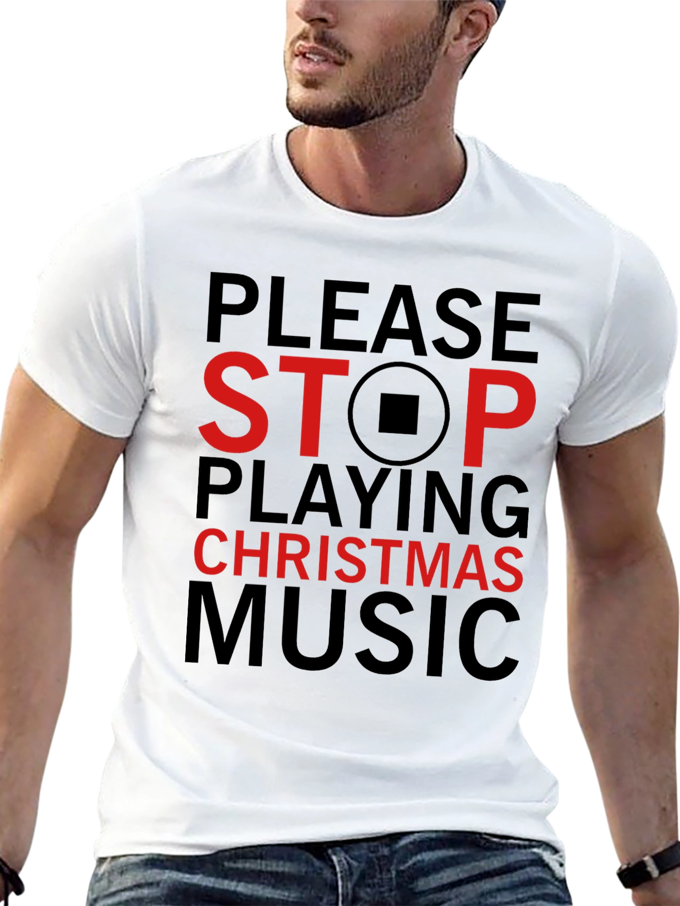 Stop Christmas Music T-Shirt - Black Cotton Blend