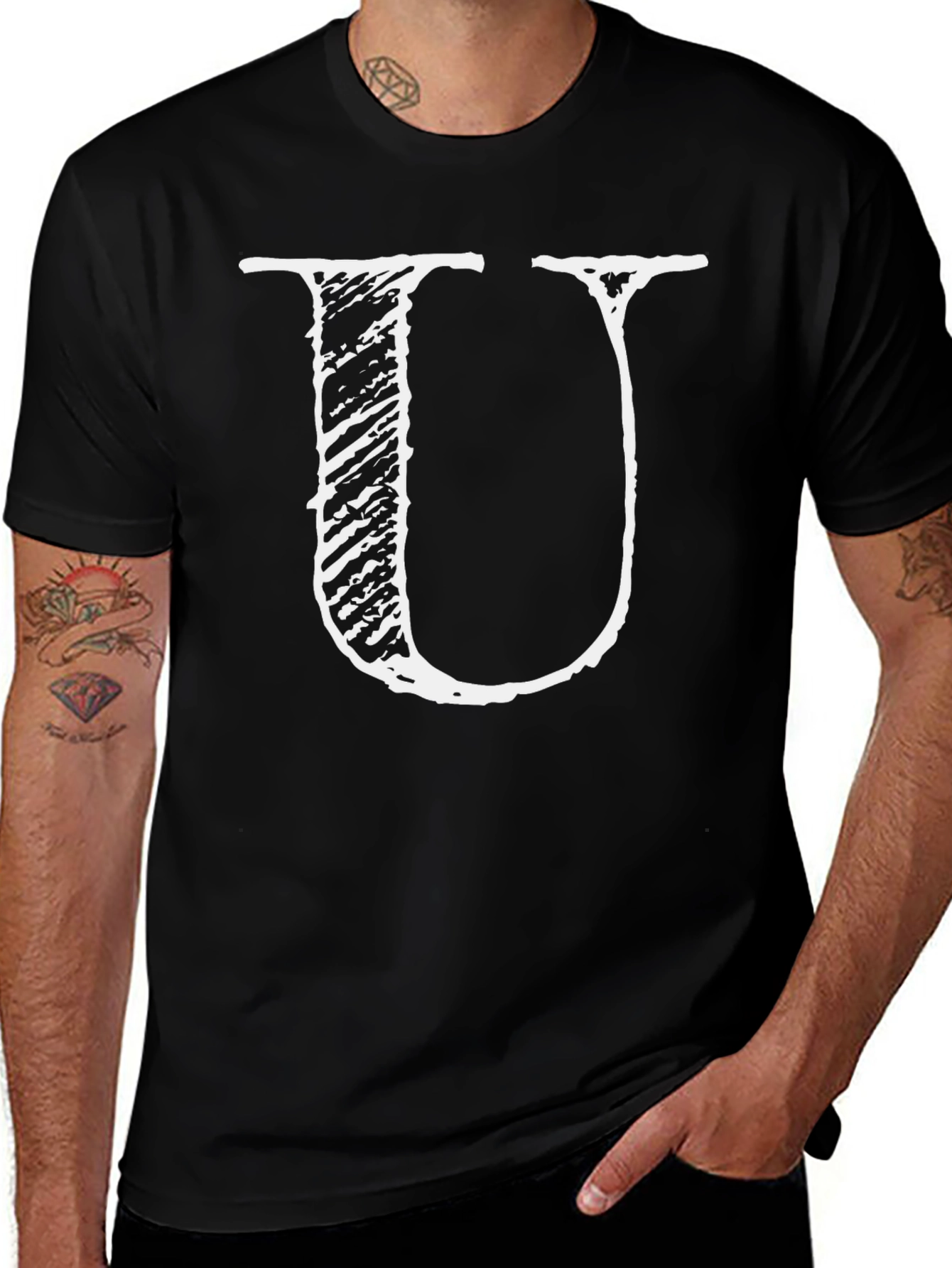 Distressed Letter U Graphic Tee - Black Cotton