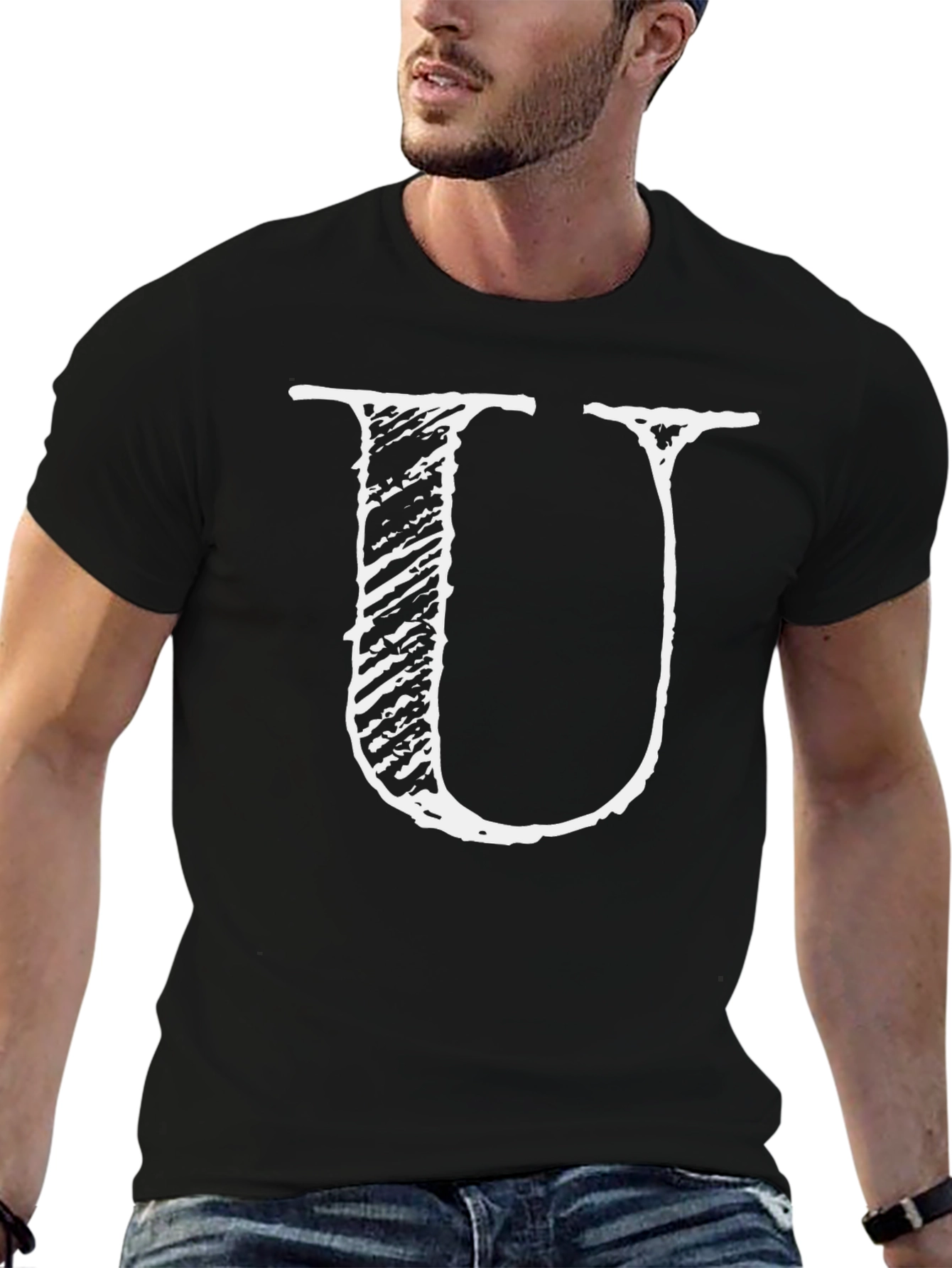 Distressed Letter U Graphic Tee - Black Cotton