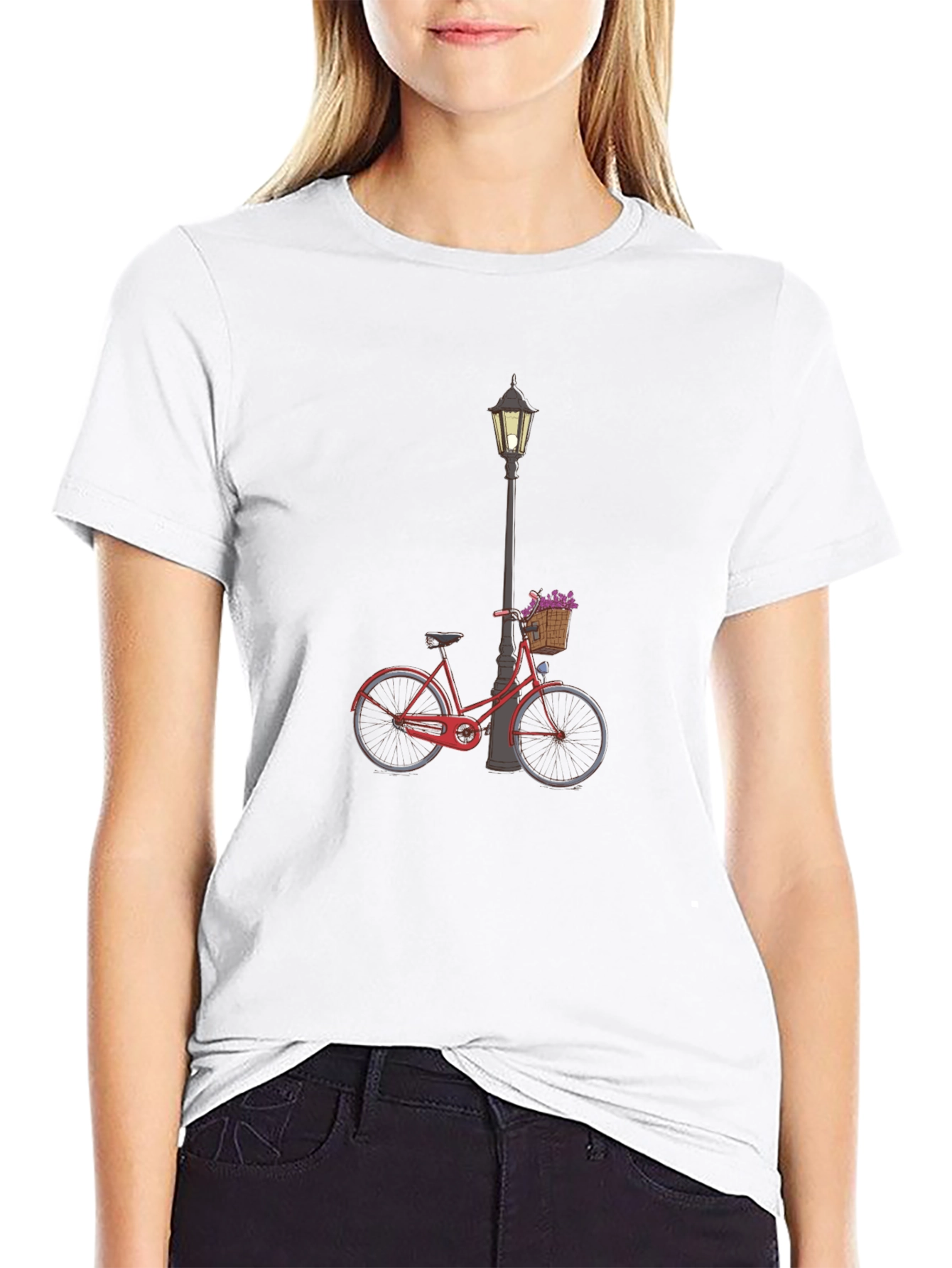 Stylish Black T-Shirt with Bicycle & Lamppost Design