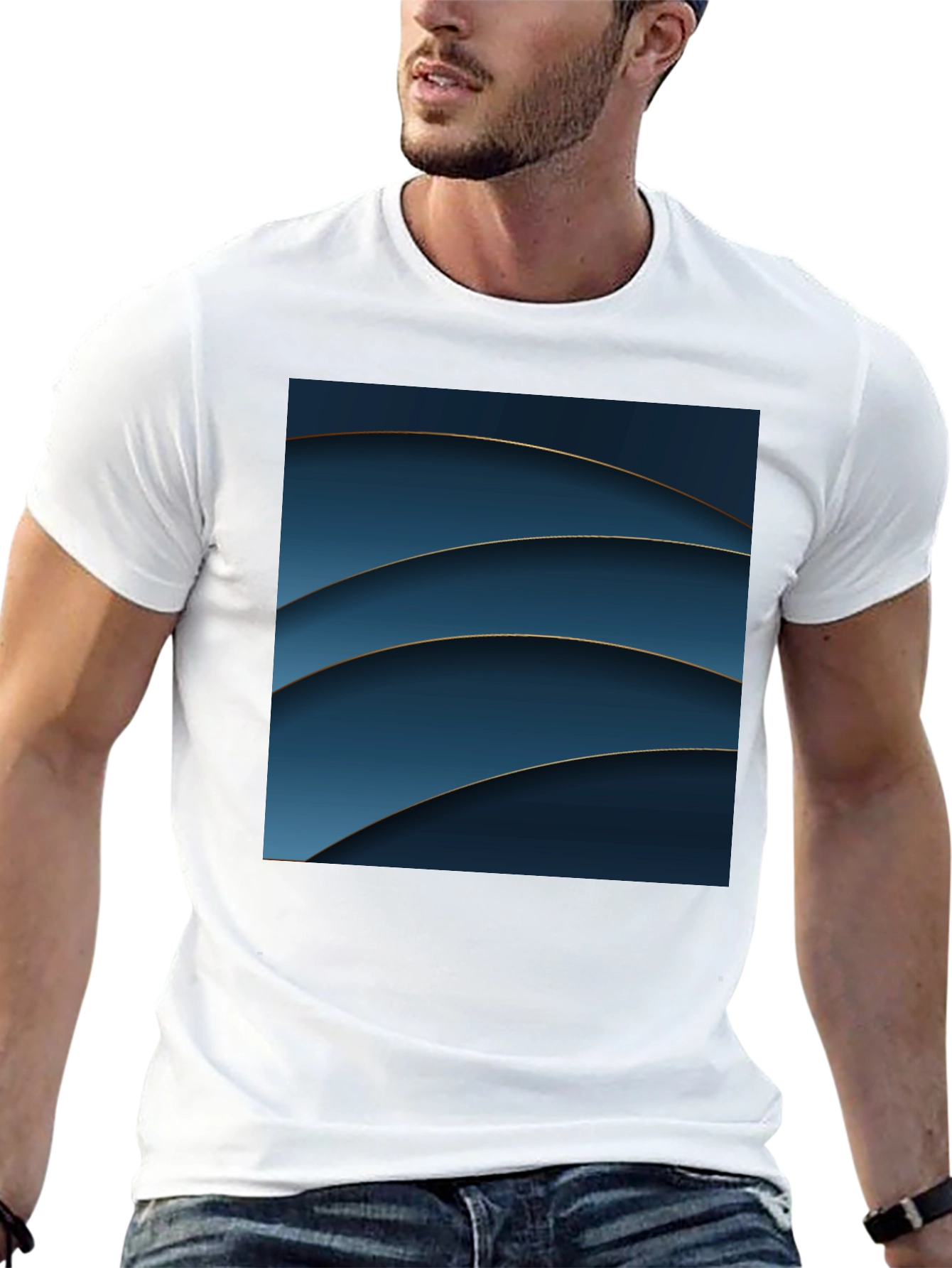Abstract Blue Curves Graphic Black T-Shirt