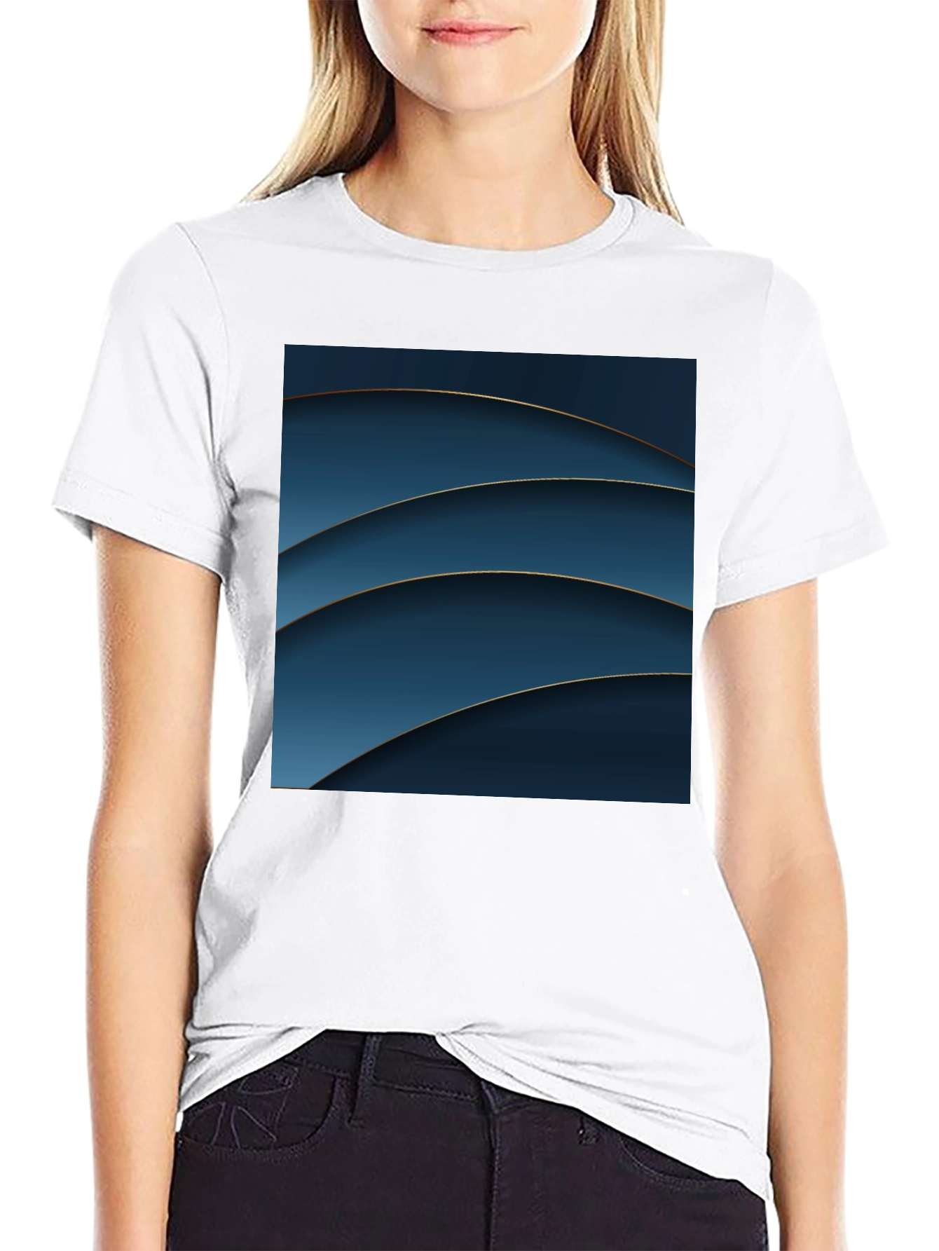 Abstract Blue Curves Graphic Black T-Shirt