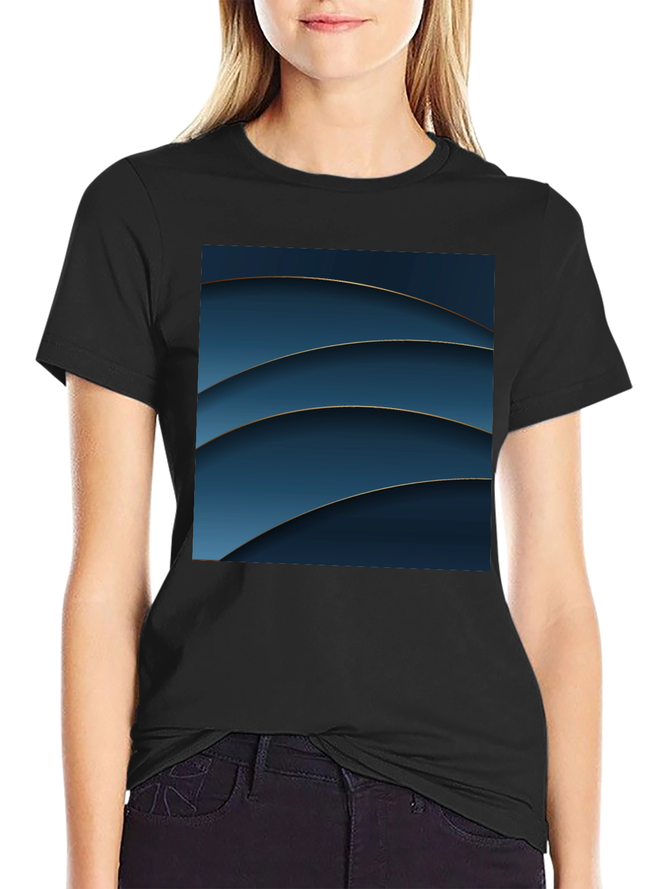 Abstract Blue Curves Graphic Black T-Shirt