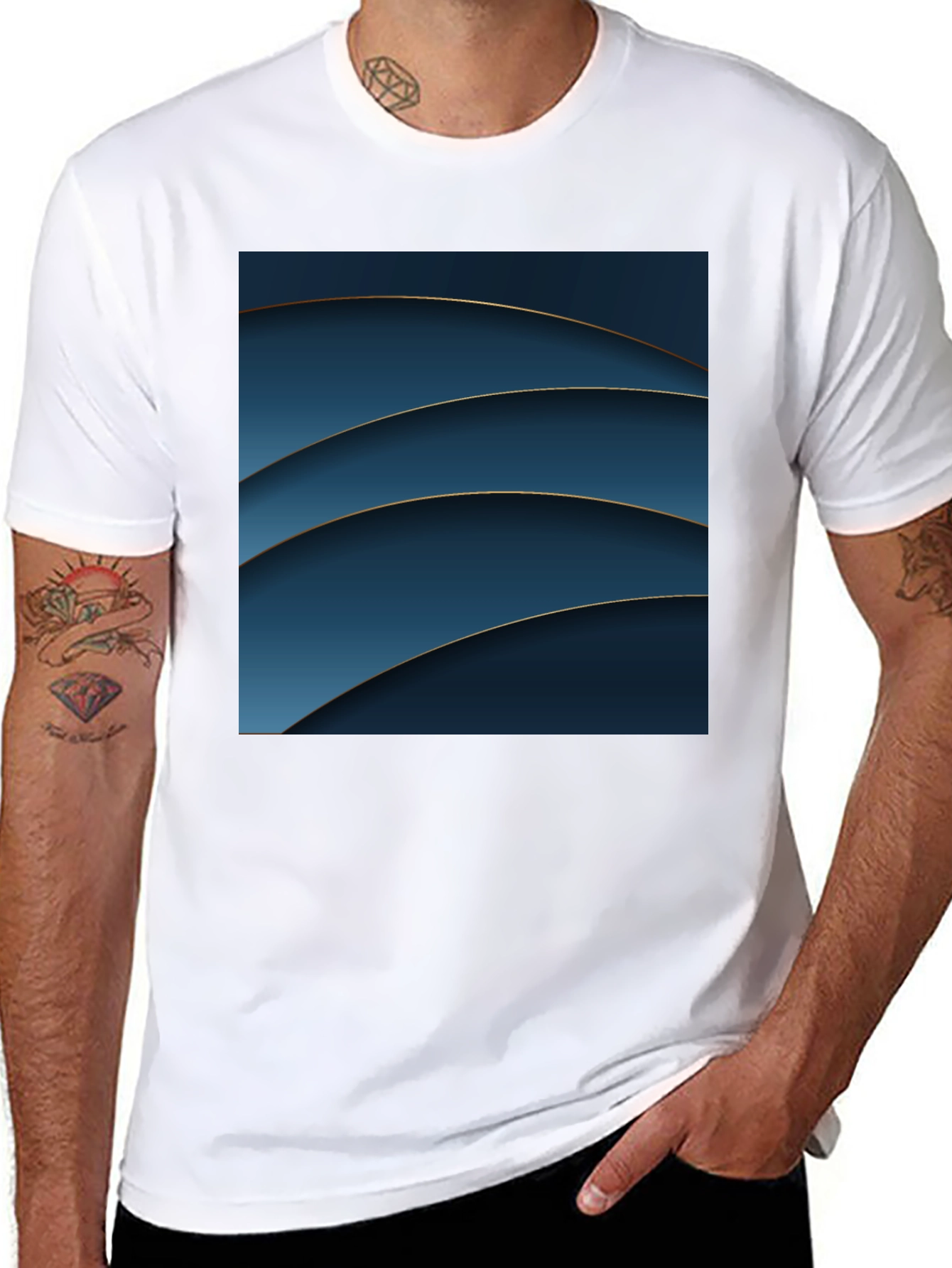 Abstract Blue Curves Graphic Black T-Shirt