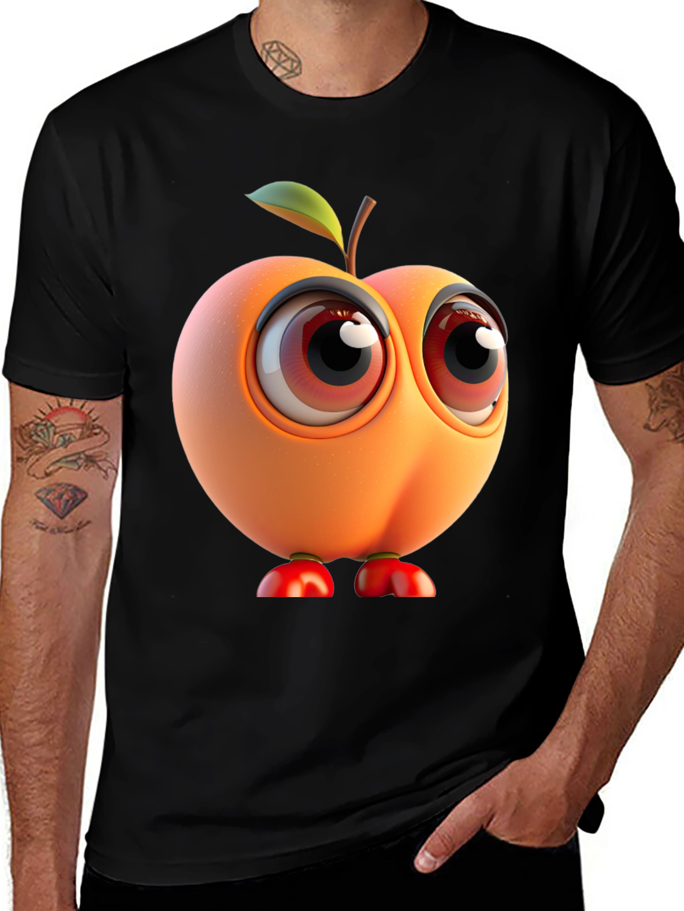 Cartoon Peach Character Black T-Shirt