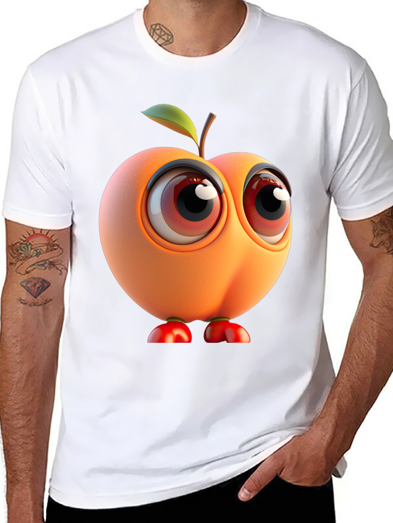 Cartoon Peach Character Black T-Shirt