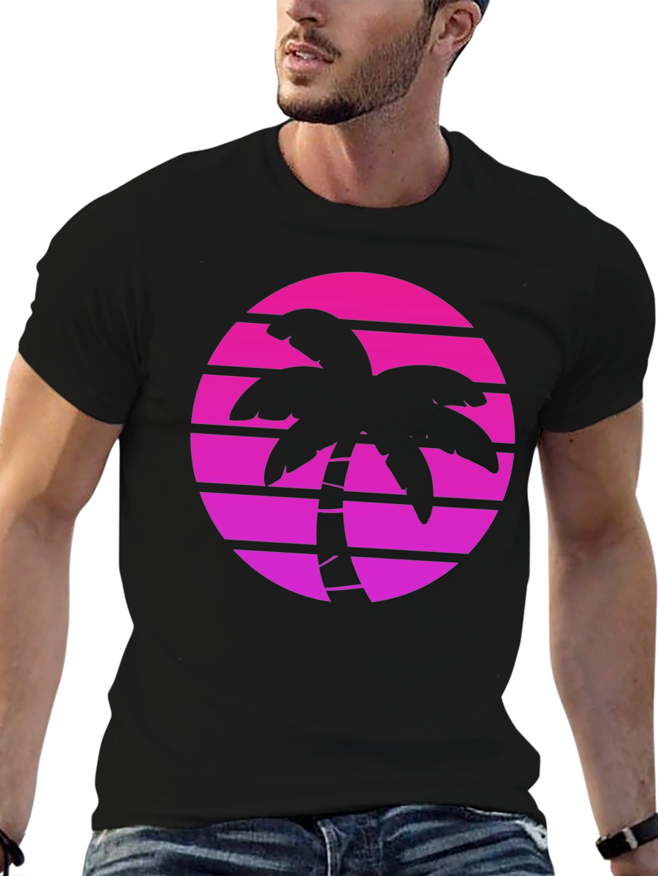 Retro Palm Tree Sunset Graphic Tee - Black