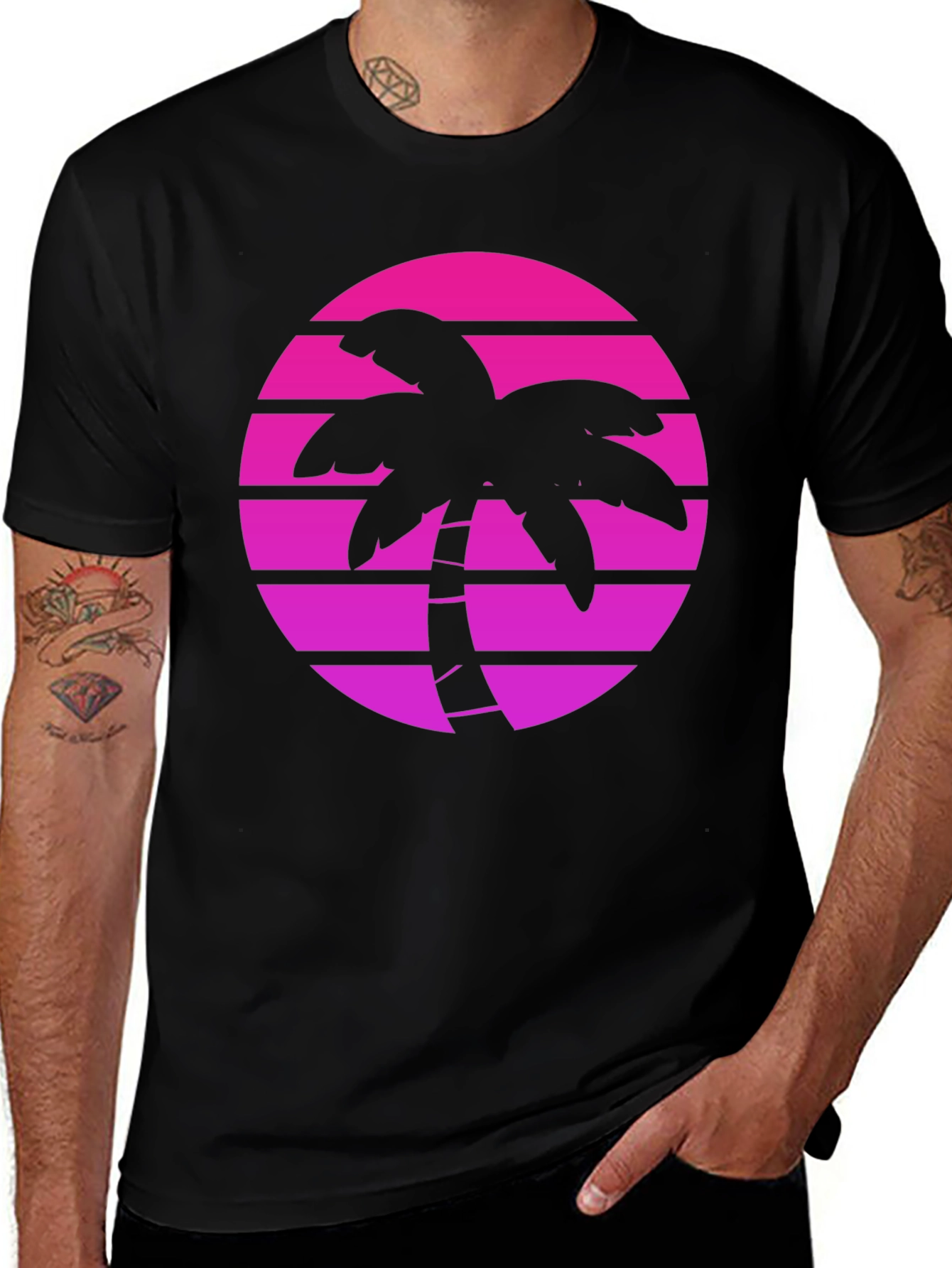 Retro Palm Tree Sunset Graphic Tee - Black