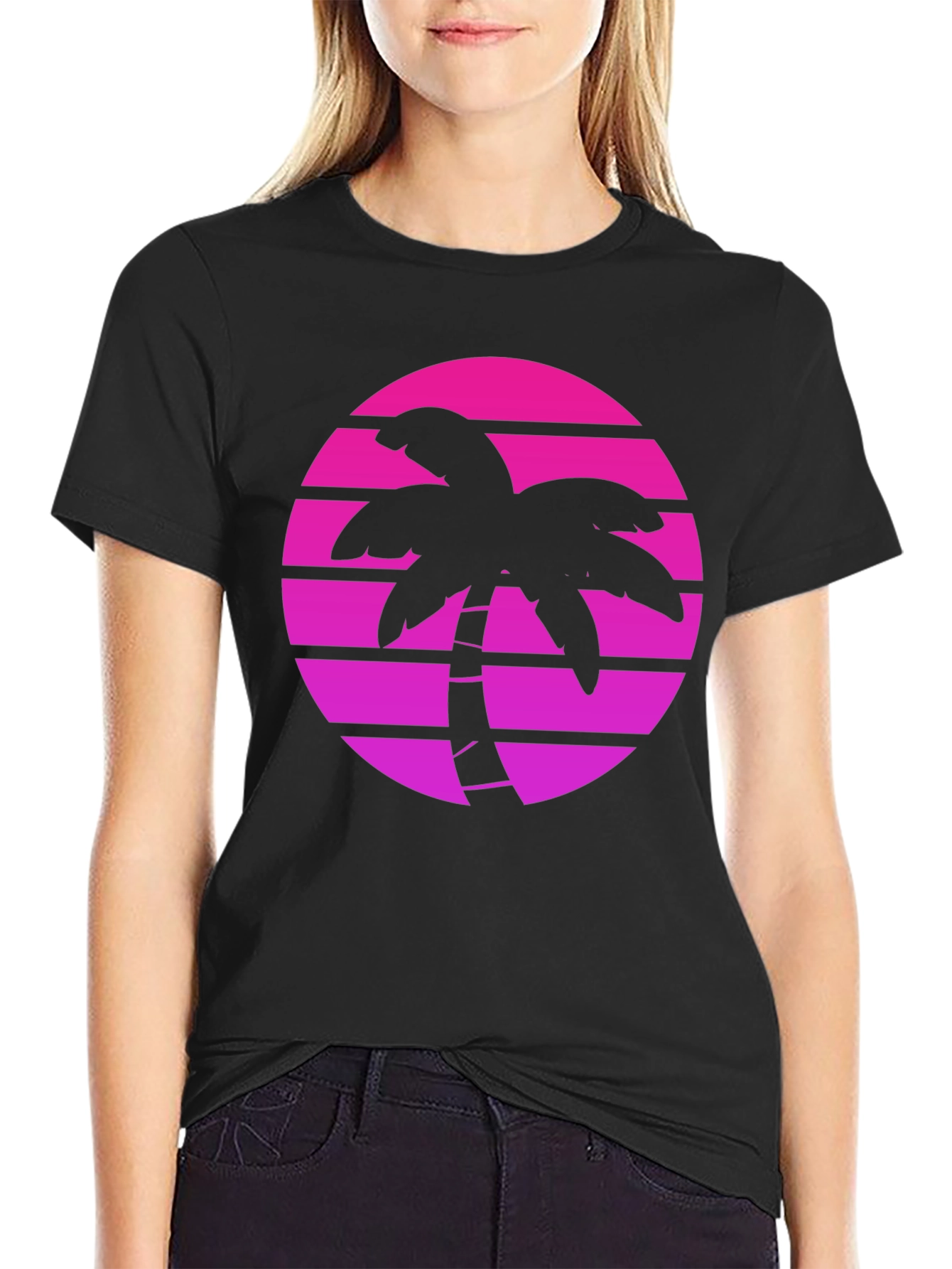 Retro Palm Tree Sunset Graphic Tee - Black