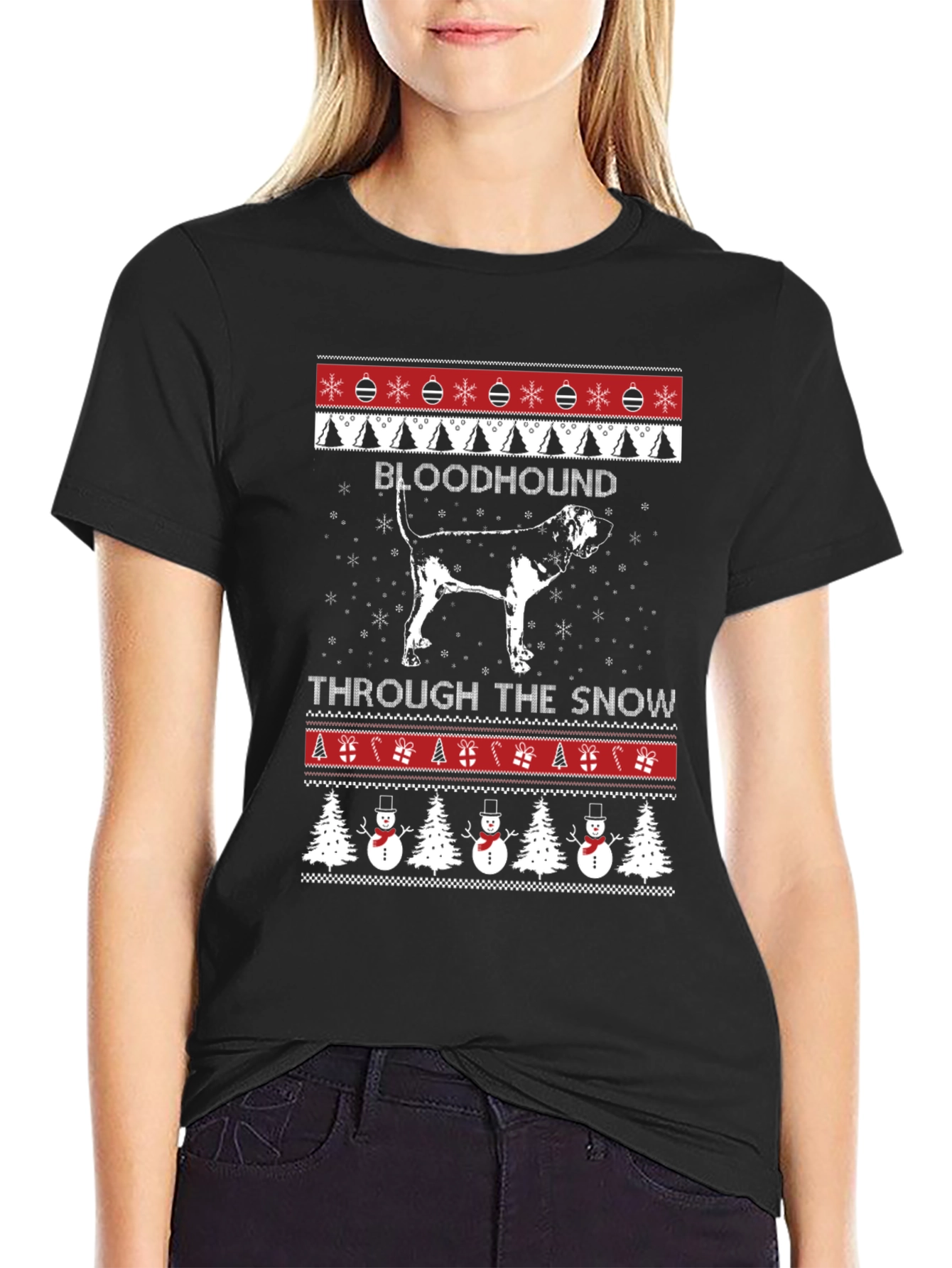 Bloodhound Through the Snow Christmas Ugly Sweater T-Shirt