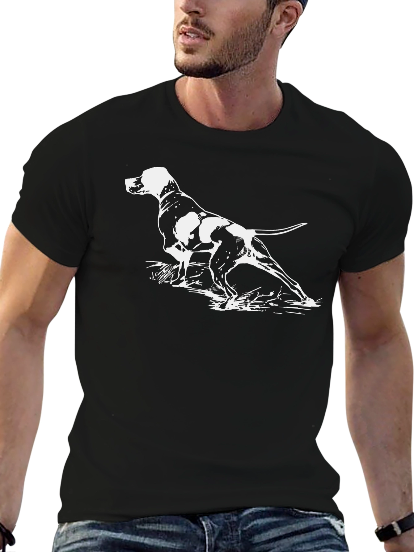 Black T-Shirt with Pointer Dog Graphic Print