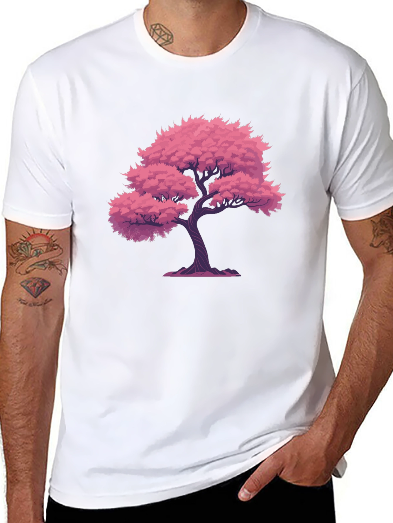 Pink Tree Graphic Black T-Shirt