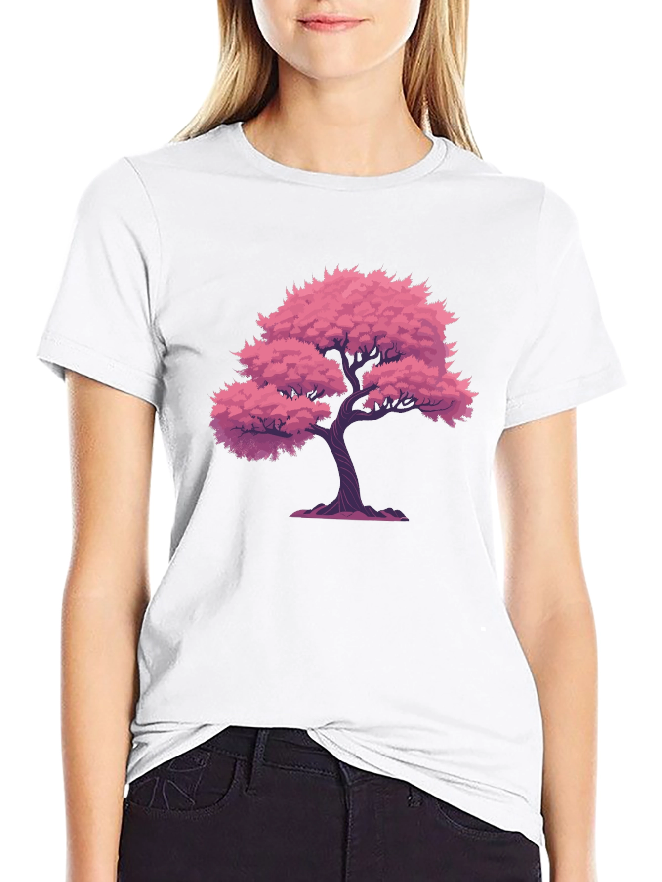 Pink Tree Graphic Black T-Shirt