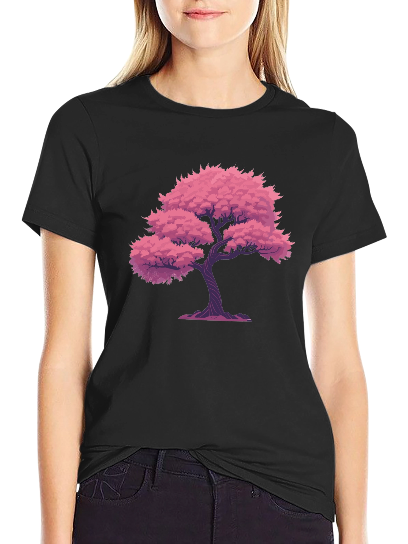 Pink Tree Graphic Black T-Shirt