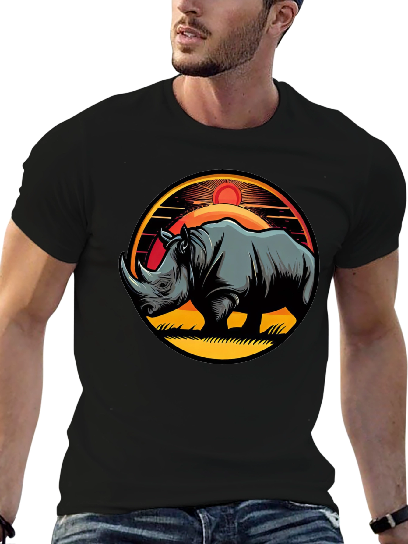Rhino Sunset Graphic Tee - Stylish Mens Black T-Shirt