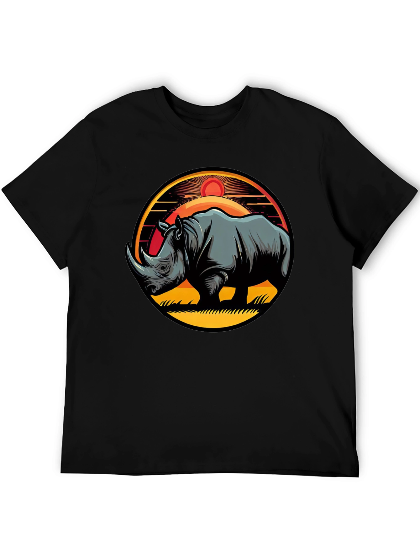 Rhino Sunset Graphic Tee - Stylish Mens Black T-Shirt