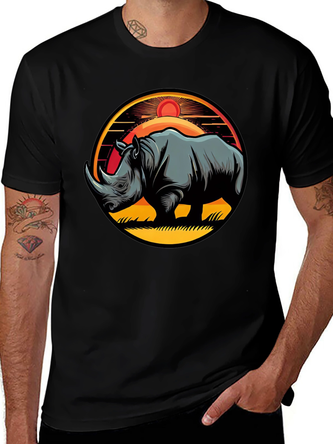 Rhino Sunset Graphic Tee - Stylish Mens Black T-Shirt