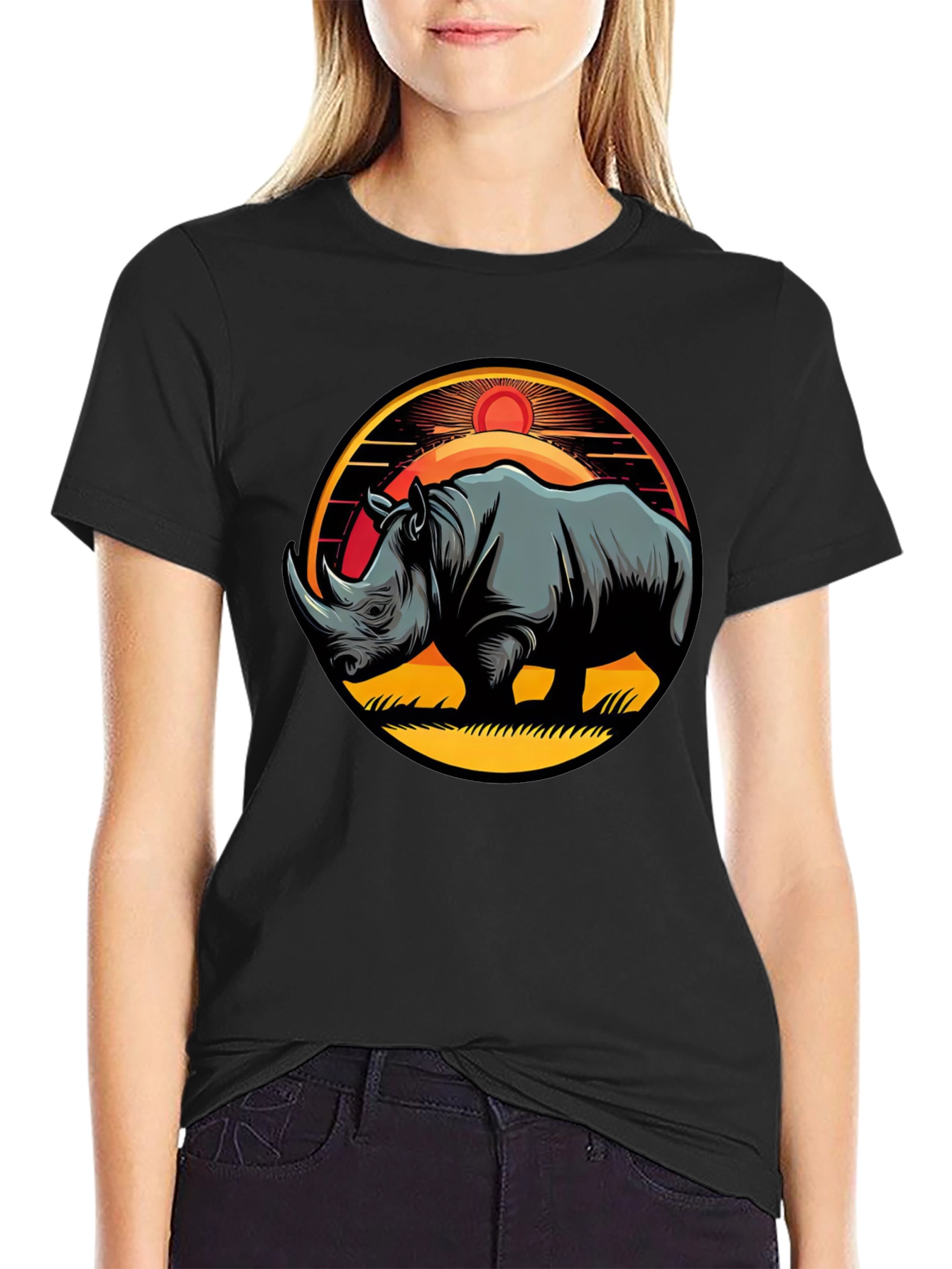 Rhino Sunset Graphic Tee - Stylish Mens Black T-Shirt